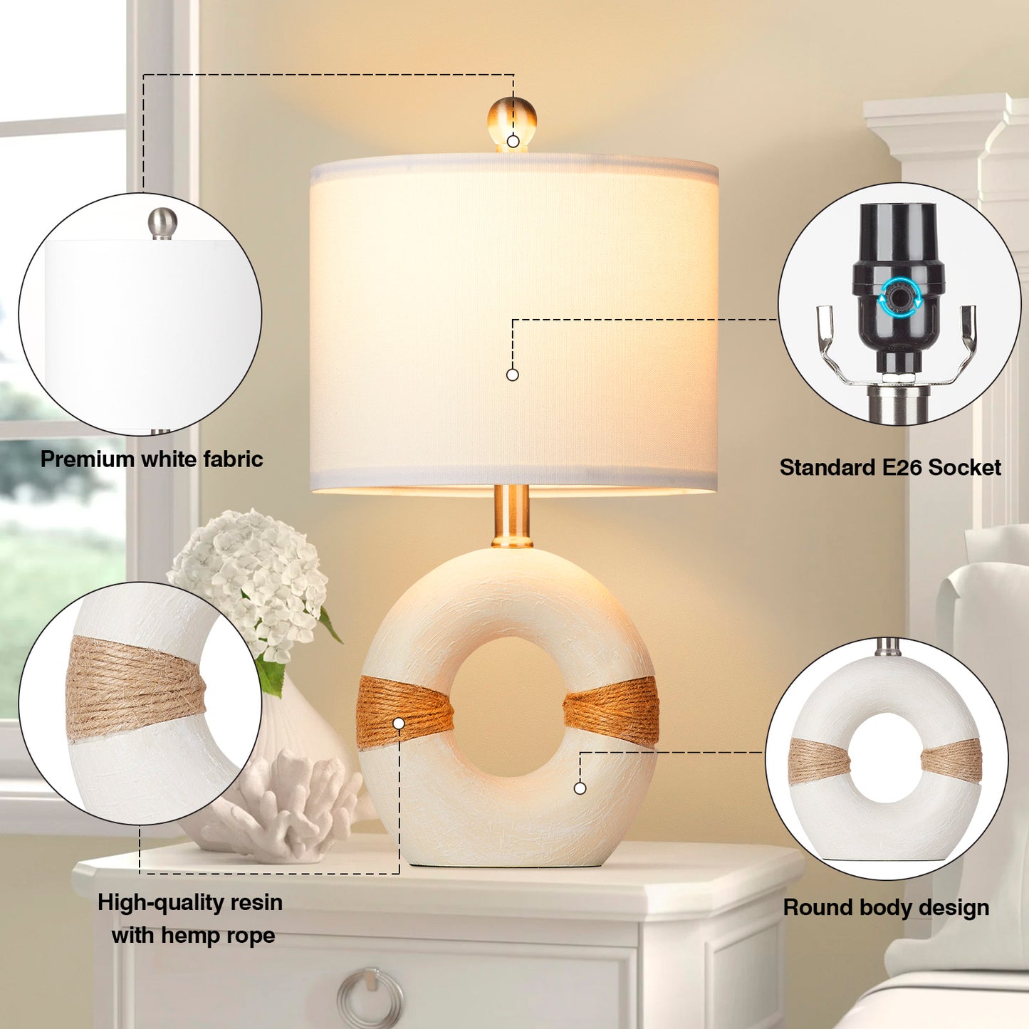 Table Lamps Resin White Donut Style Rotary Switch Jute Rope Accessory(Set of 2)