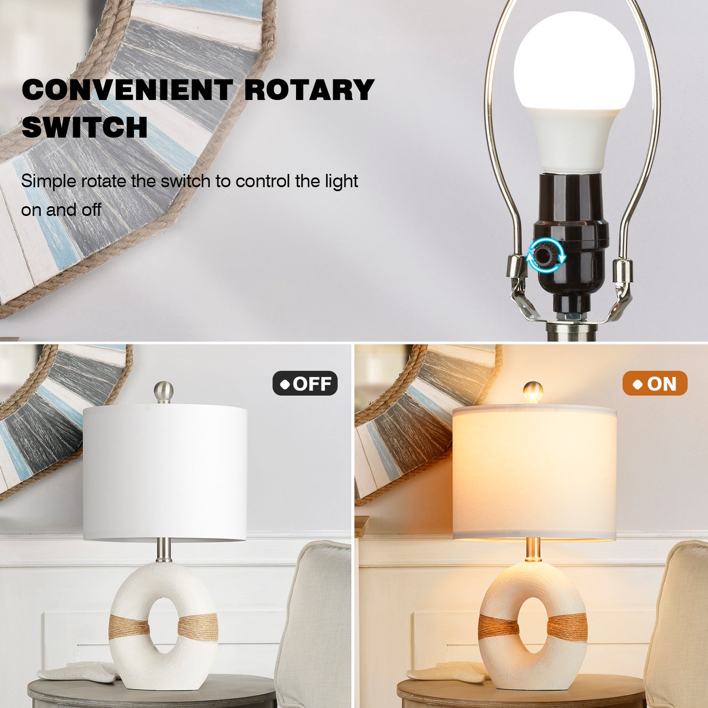 Table Lamps Resin White Donut Style Rotary Switch Jute Rope Accessory(Set of 2)