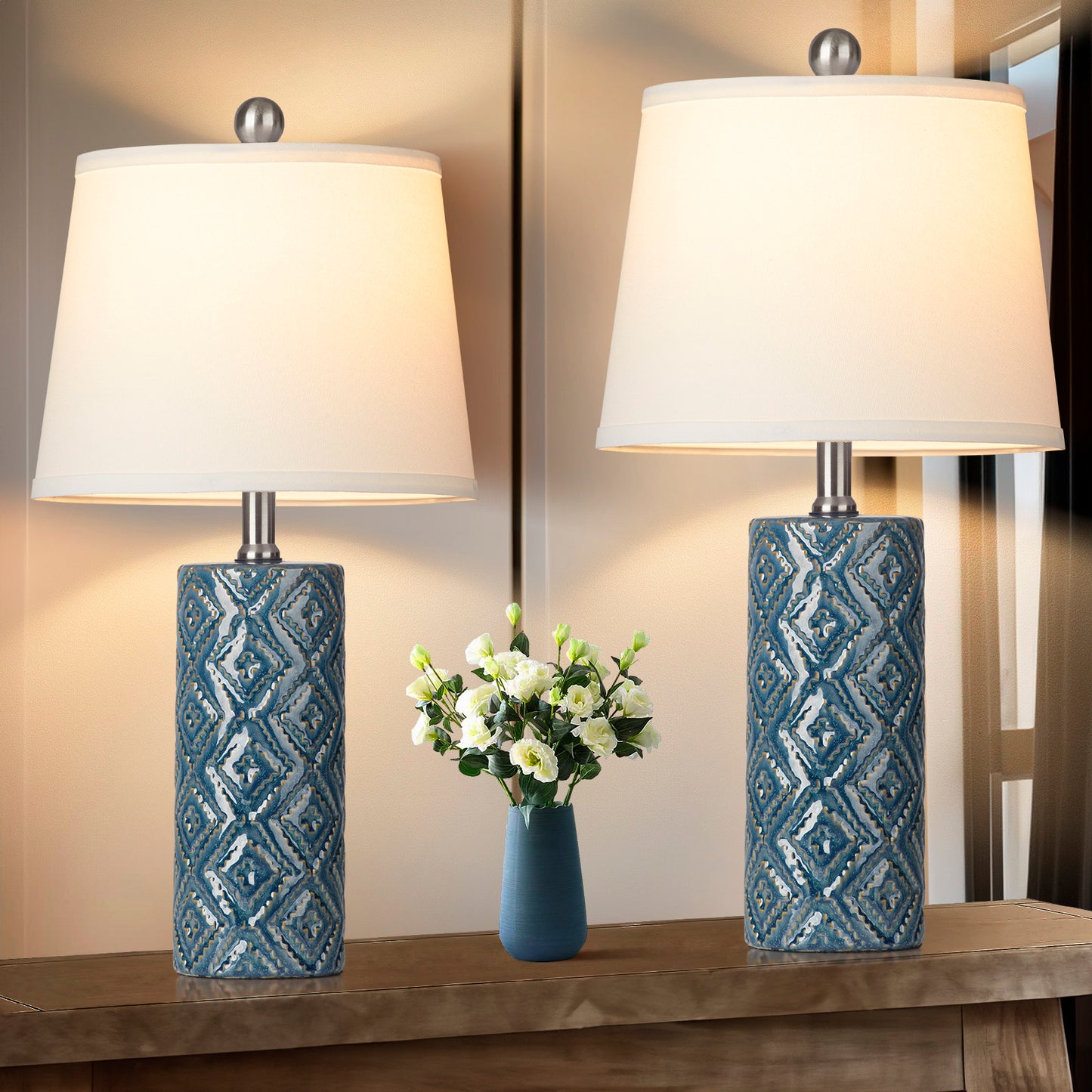 Ceramic Blue Cylinder Table Lamps with Rotary Switch and Knockdown Shade (Set of 2)