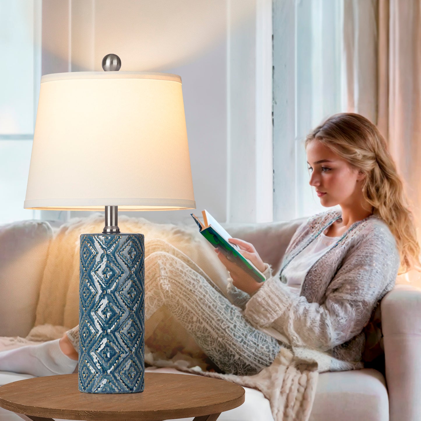Ceramic Blue Cylinder Table Lamps with Rotary Switch and Knockdown Shade (Set of 2)