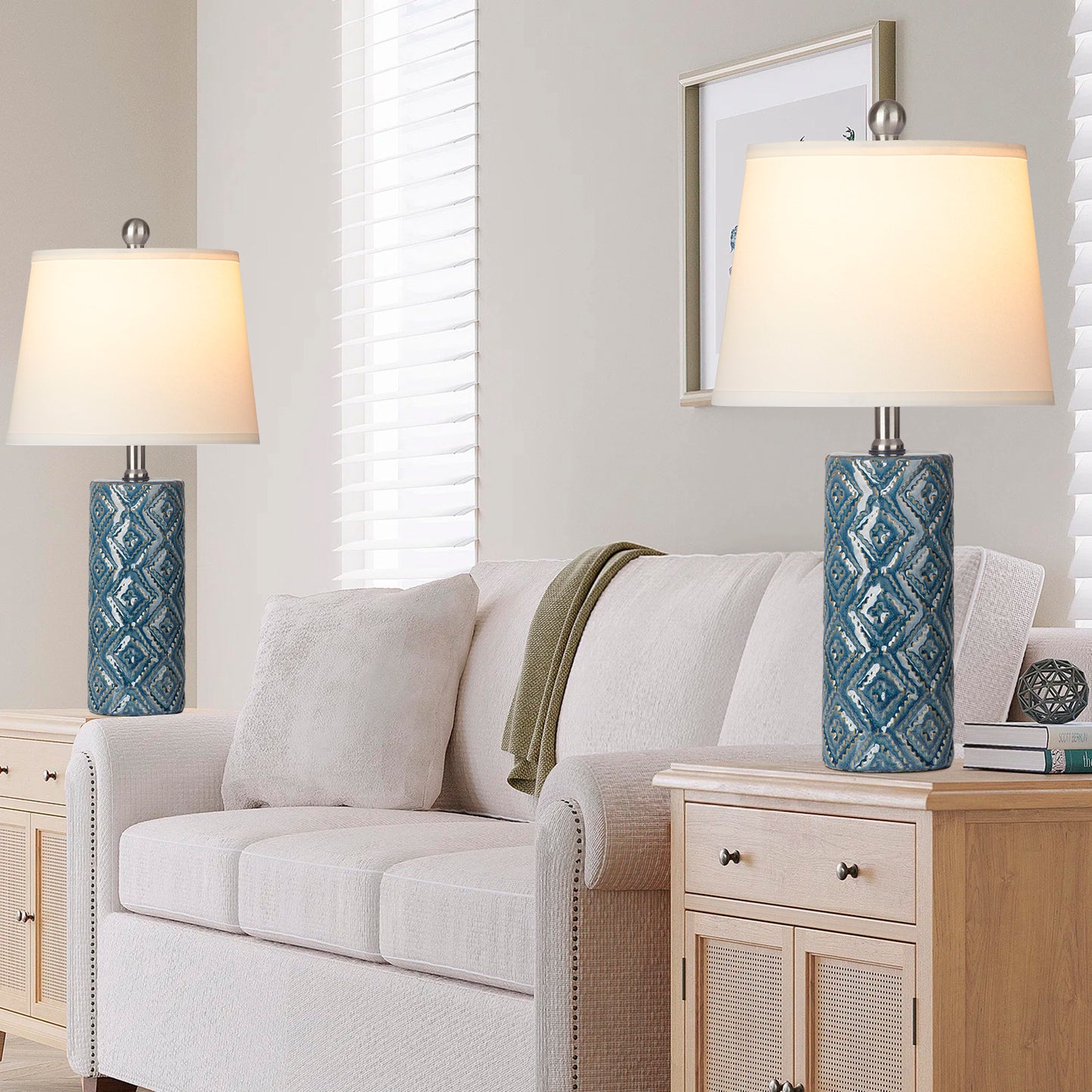 Ceramic Blue Cylinder Table Lamps with Rotary Switch and Knockdown Shade (Set of 2)