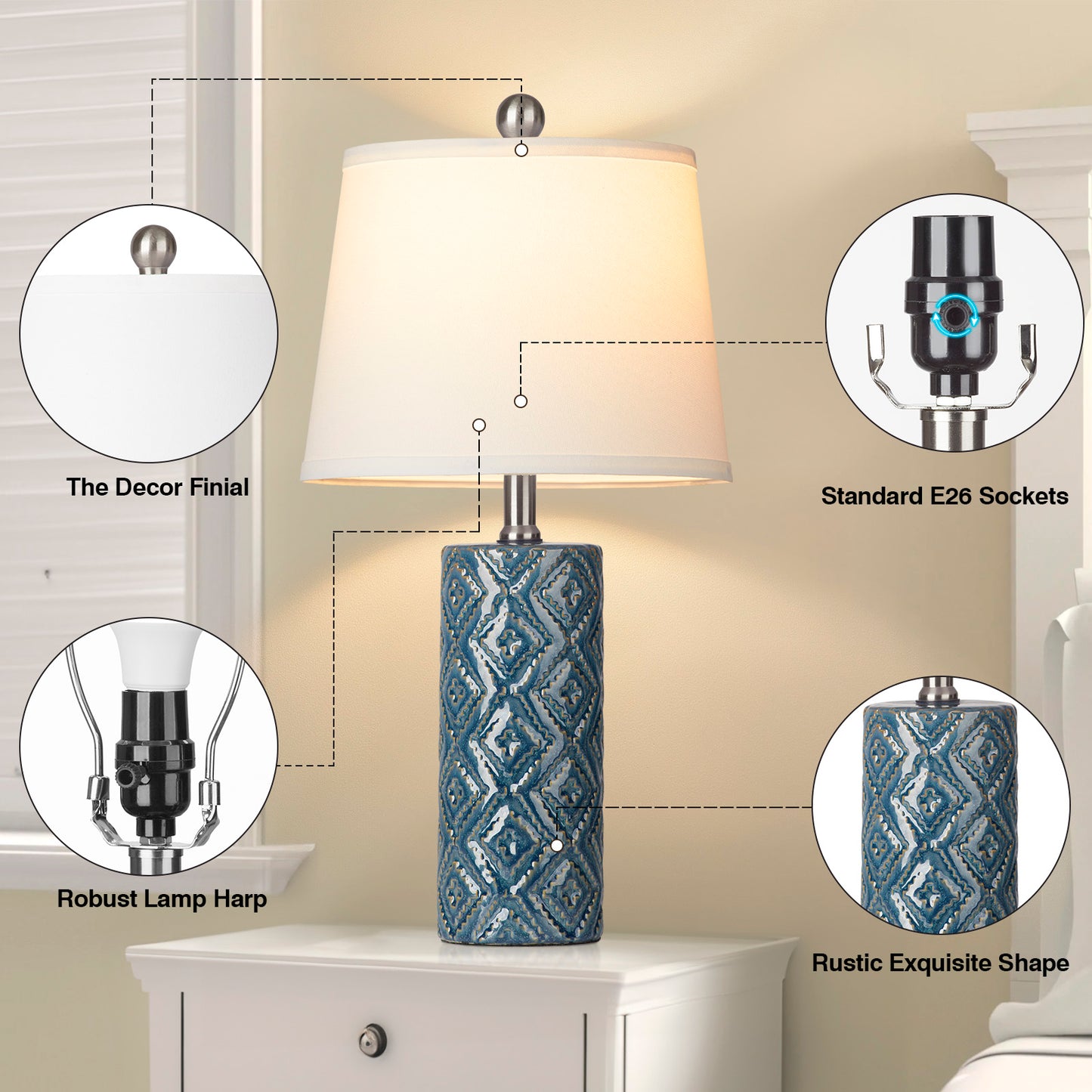 Ceramic Blue Cylinder Table Lamps with Rotary Switch and Knockdown Shade (Set of 2)