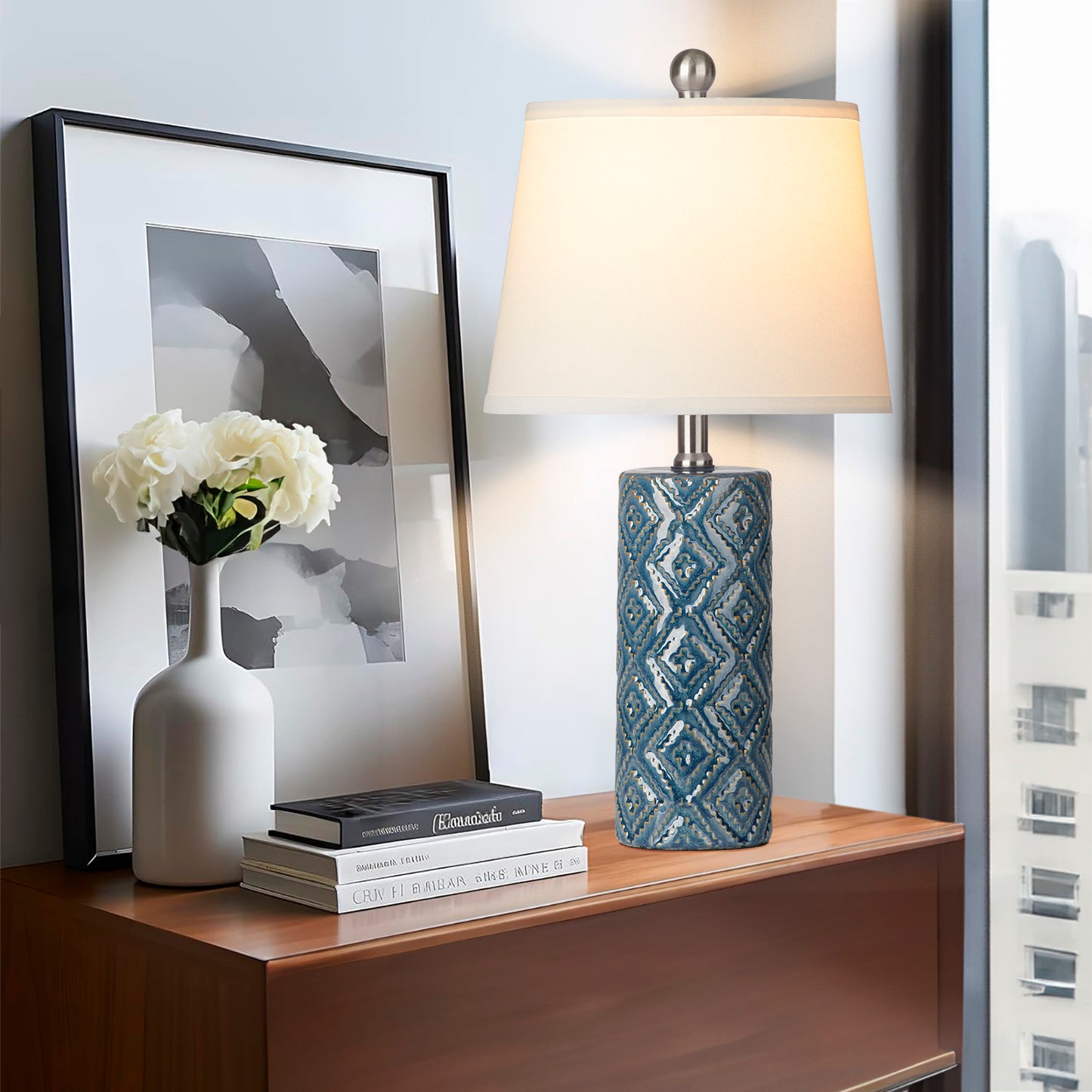 Ceramic Blue Cylinder Table Lamps with Rotary Switch and Knockdown Shade (Set of 2)