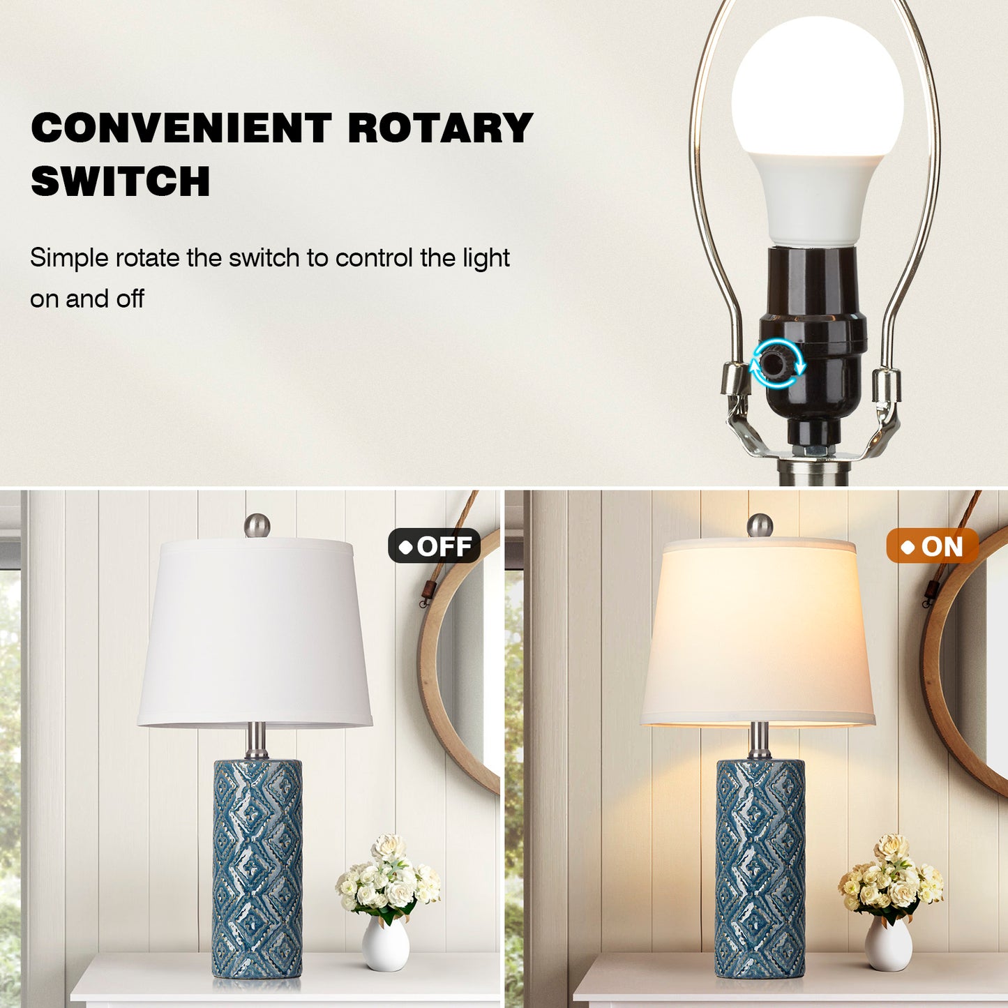 Ceramic Blue Cylinder Table Lamps with Rotary Switch and Knockdown Shade (Set of 2)