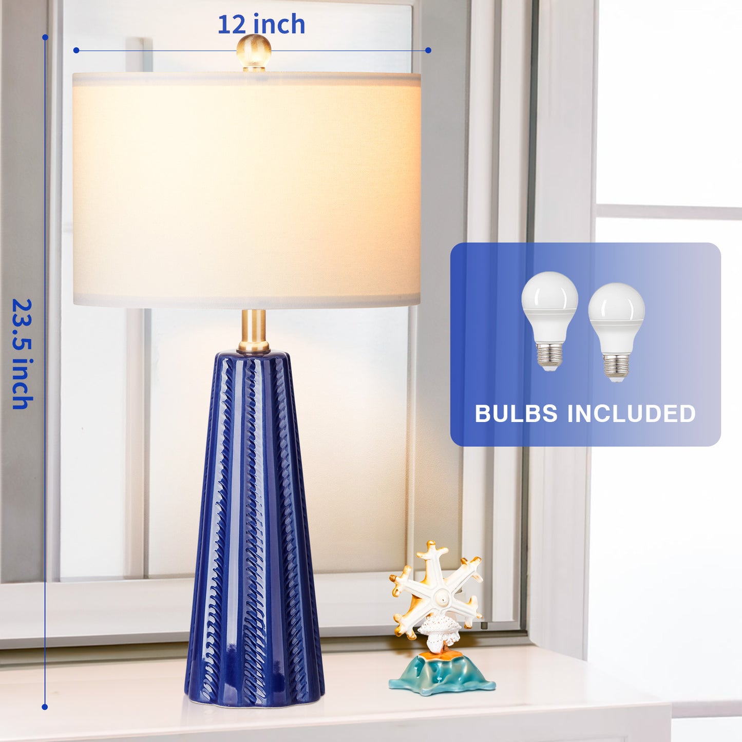 Ceramic blue table lamps with simple rotary switch and knockdown shade (Set of 2)