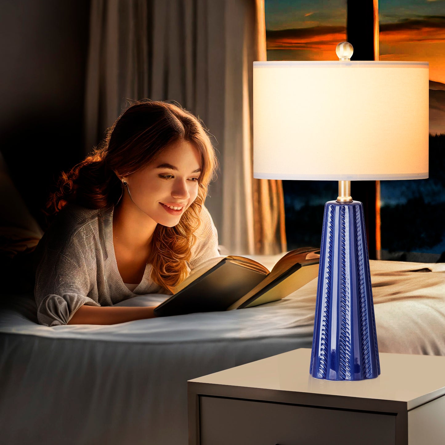 Ceramic blue table lamps with simple rotary switch and knockdown shade (Set of 2)