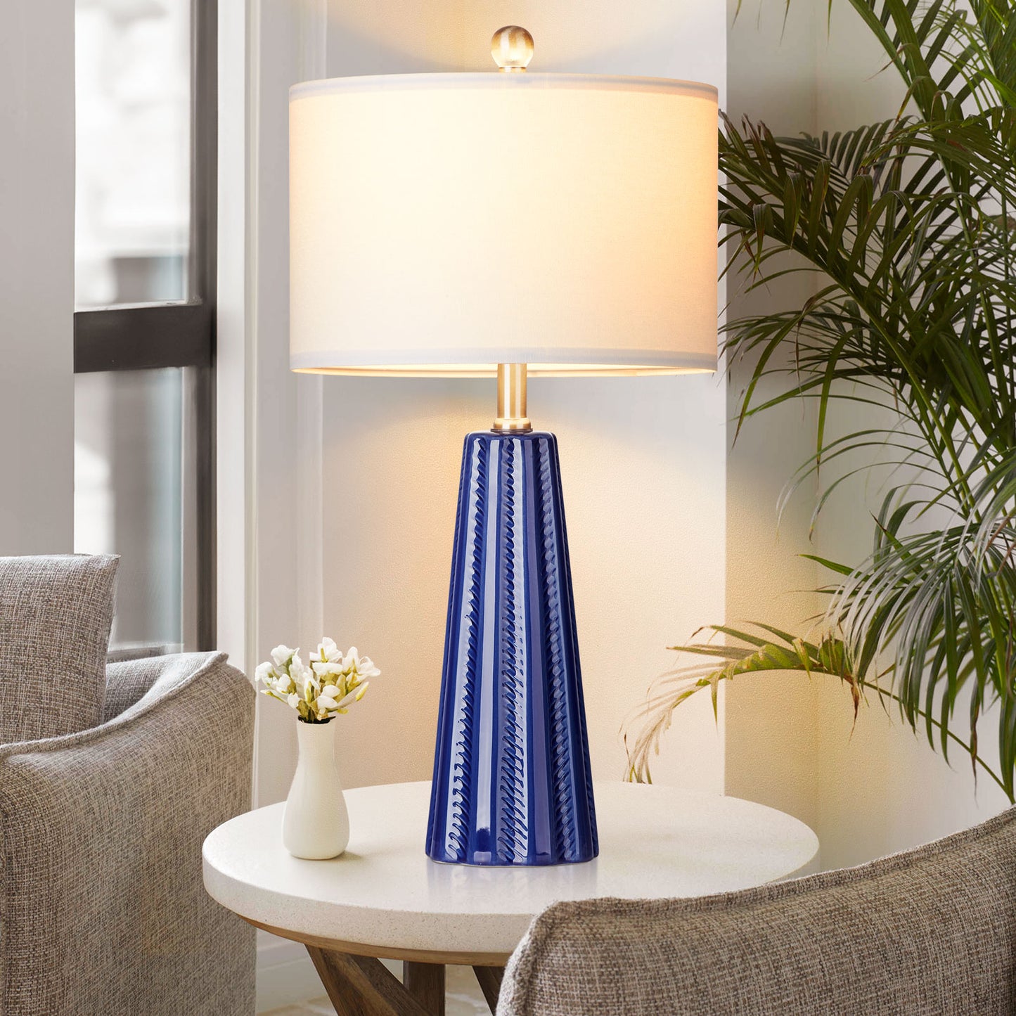 Ceramic blue table lamps with simple rotary switch and knockdown shade (Set of 2)