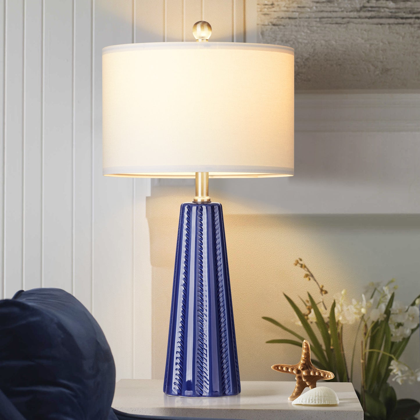 Ceramic blue table lamps with simple rotary switch and knockdown shade (Set of 2)