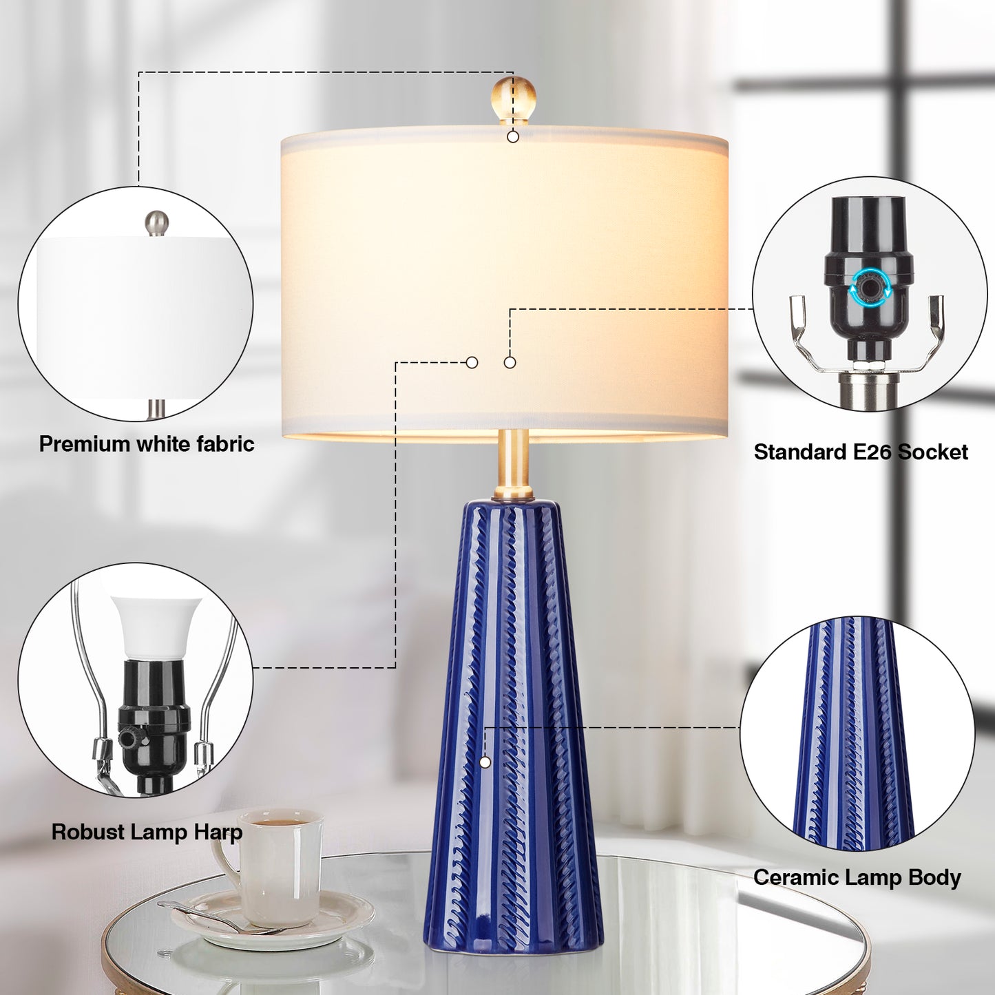 Ceramic blue table lamps with simple rotary switch and knockdown shade (Set of 2)