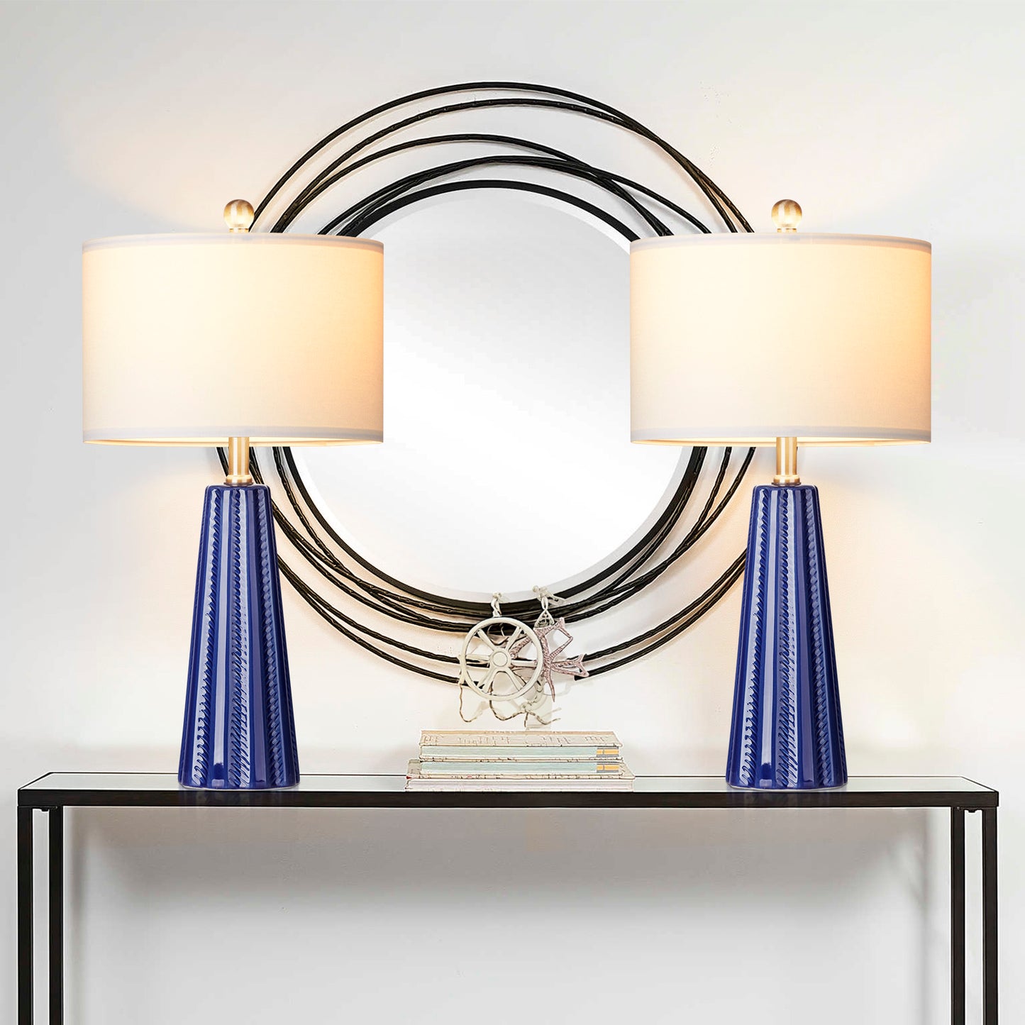 Ceramic blue table lamps with simple rotary switch and knockdown shade (Set of 2)