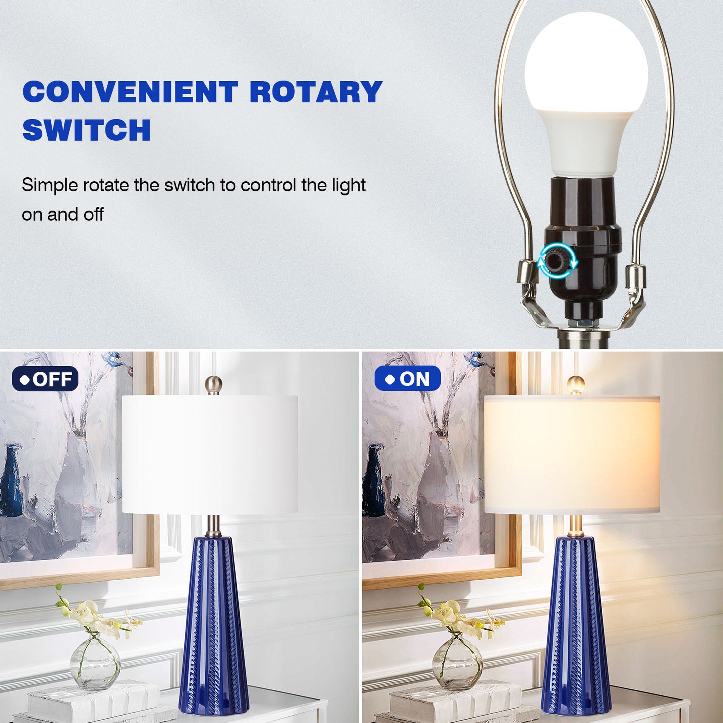 Ceramic blue table lamps with simple rotary switch and knockdown shade (Set of 2)