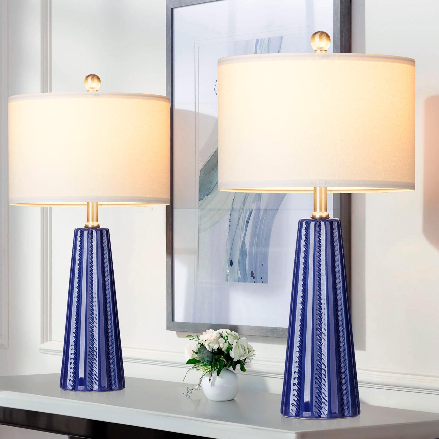 Ceramic blue table lamps with simple rotary switch and knockdown shade (Set of 2)