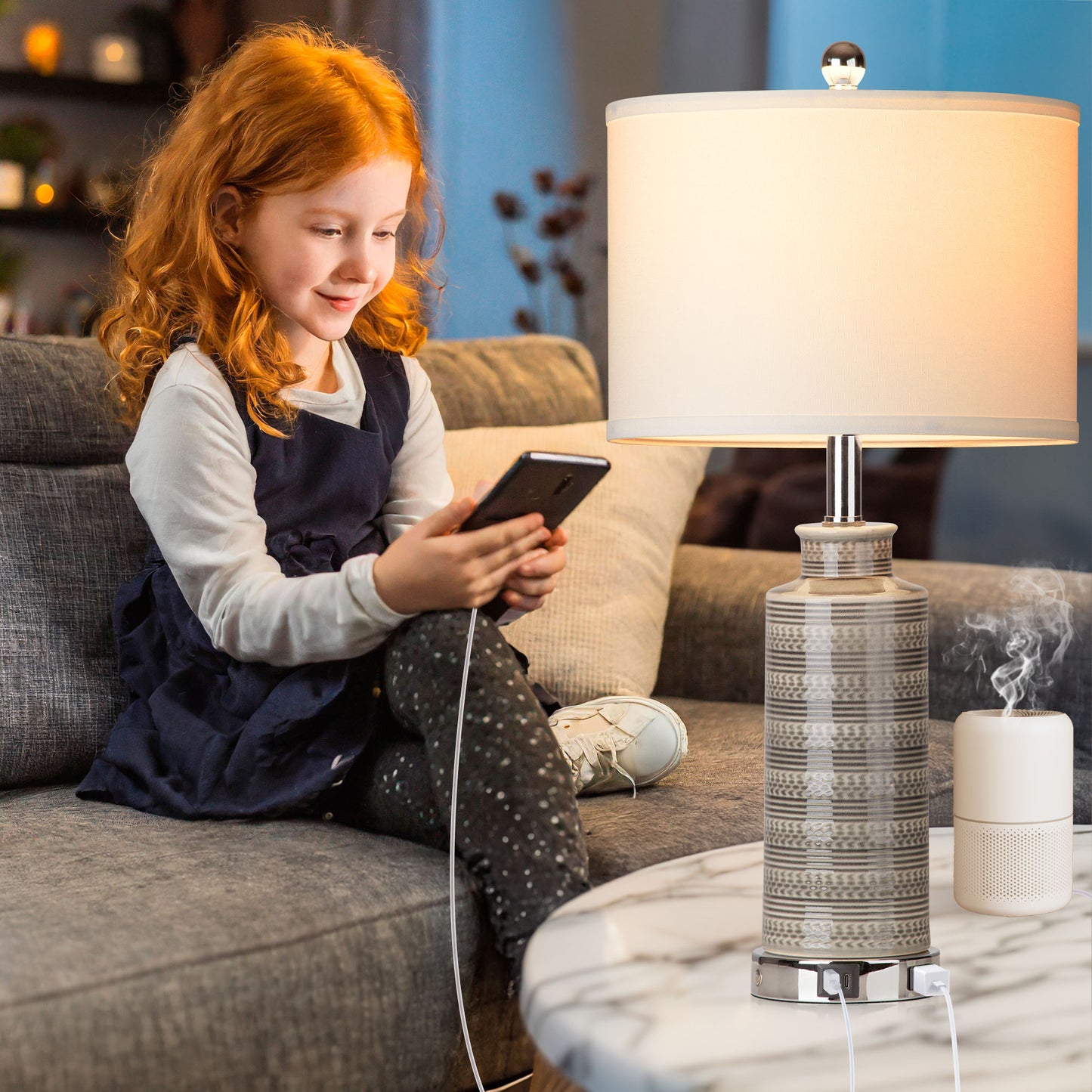 Ceramic Table Lamps with Gray Drum Shade, USB Charging Port, AC Outlet and Touch Switch (Set of 2)