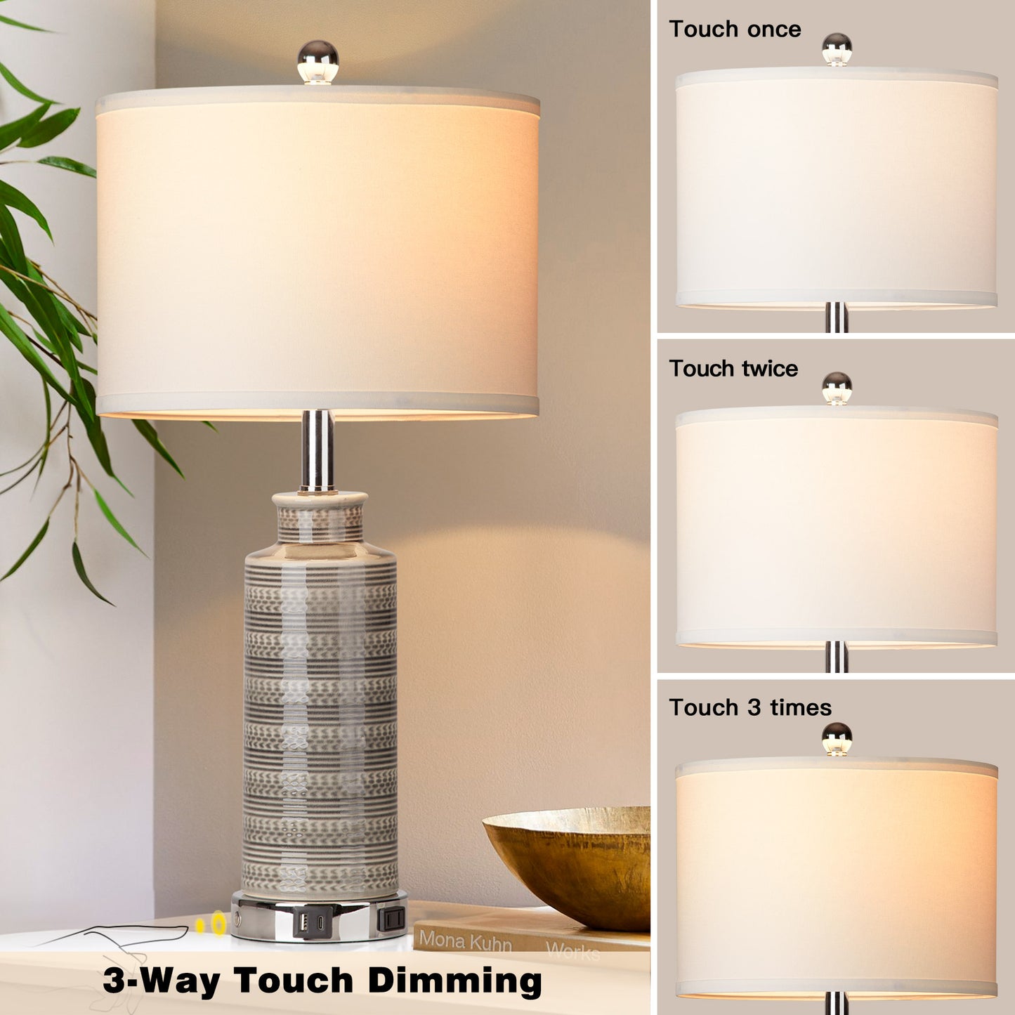 Ceramic Table Lamps with Gray Drum Shade, USB Charging Port, AC Outlet and Touch Switch (Set of 2)