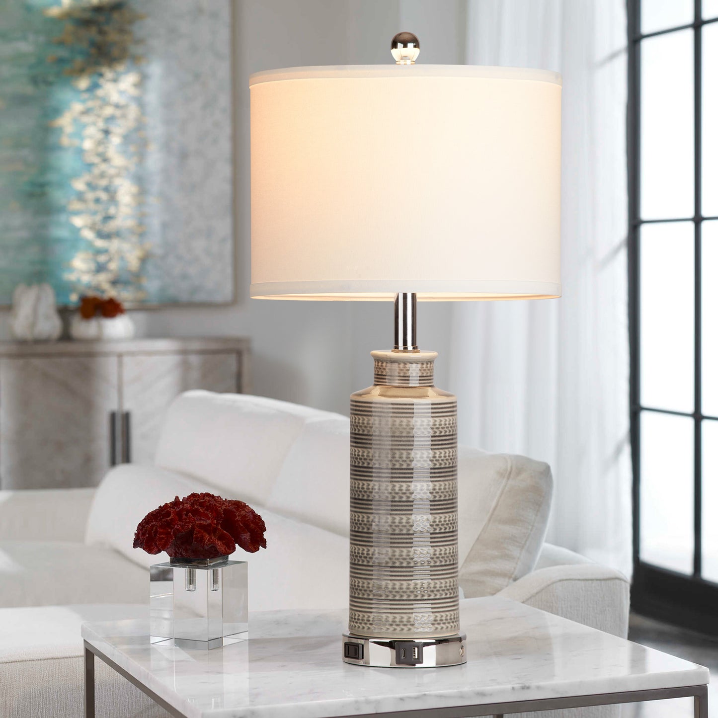 Ceramic Table Lamps with Gray Drum Shade, USB Charging Port, AC Outlet and Touch Switch (Set of 2)