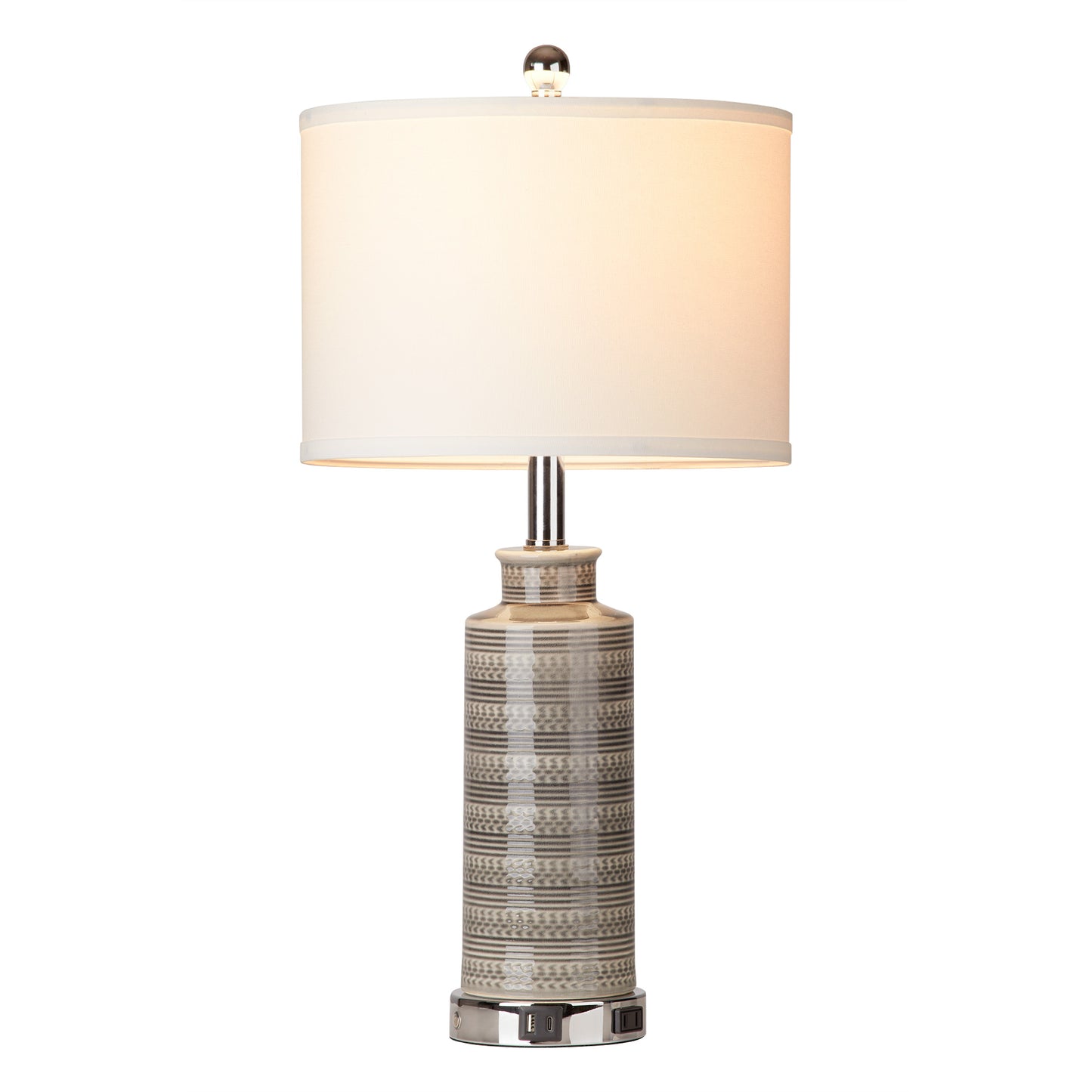 Ceramic Table Lamps with Gray Drum Shade, USB Charging Port, AC Outlet and Touch Switch (Set of 2)