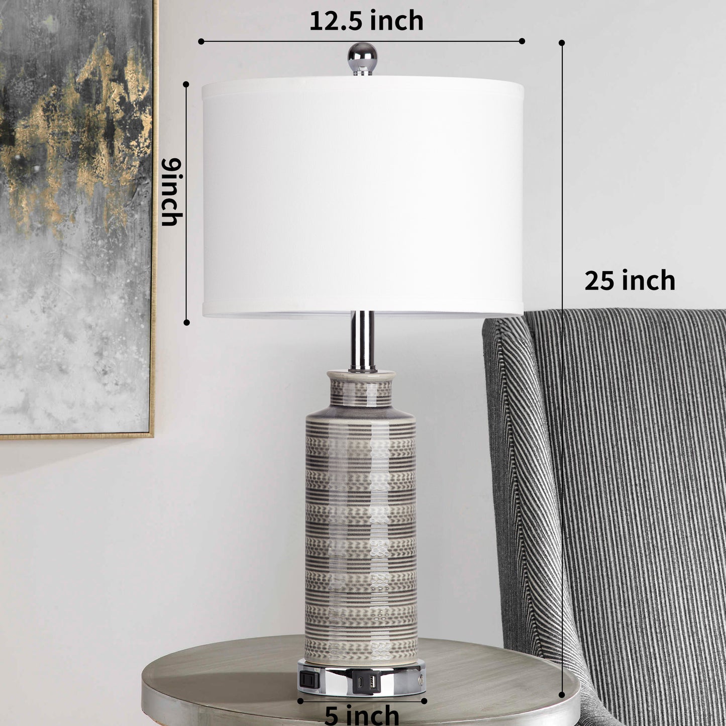 Ceramic Table Lamps with Gray Drum Shade, USB Charging Port, AC Outlet and Touch Switch (Set of 2)