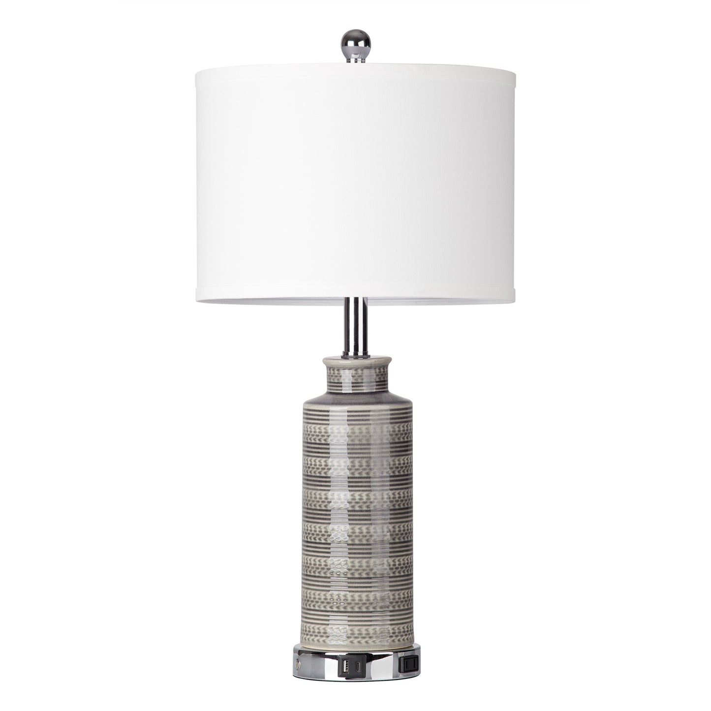 Ceramic Table Lamps with Gray Drum Shade, USB Charging Port, AC Outlet and Touch Switch (Set of 2)