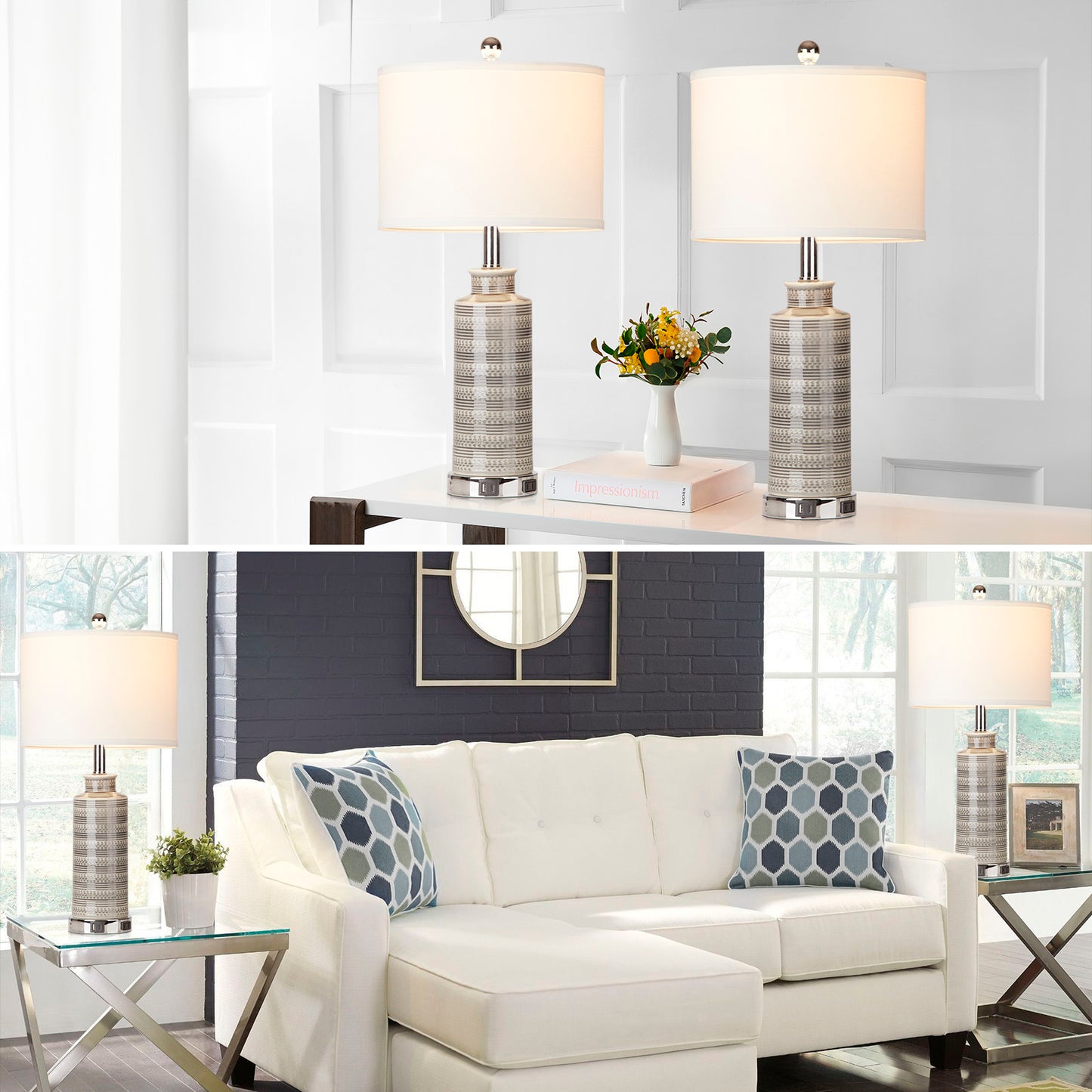 Ceramic Table Lamps with Gray Drum Shade, USB Charging Port, AC Outlet and Touch Switch (Set of 2)