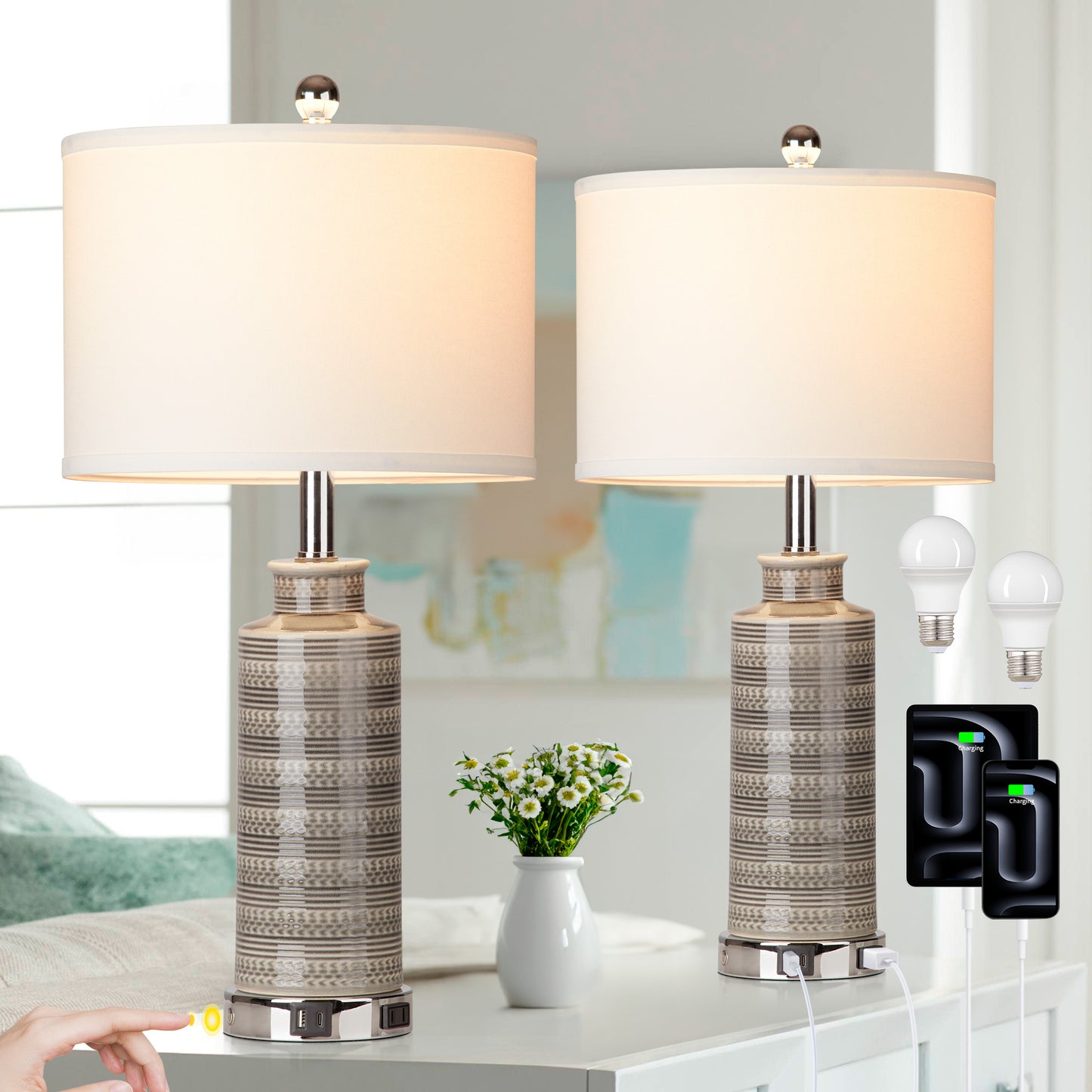Ceramic Table Lamps with Gray Drum Shade, USB Charging Port, AC Outlet and Touch Switch (Set of 2)