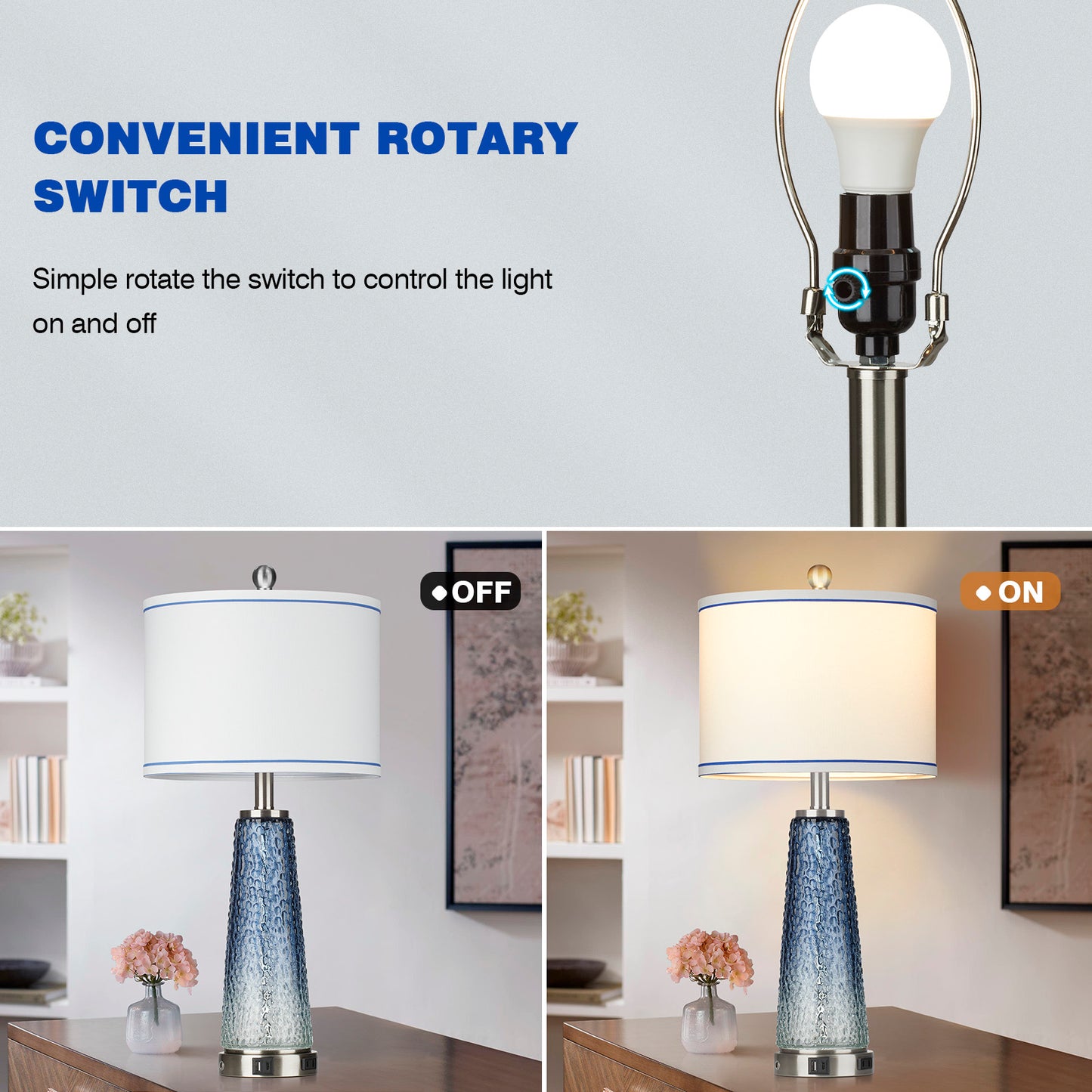 2-in-1 Table Lamps & Nightlight with Glass in Blue, Equipped with Charging Ports and a 2-Way Touch Switch (Set of 2)