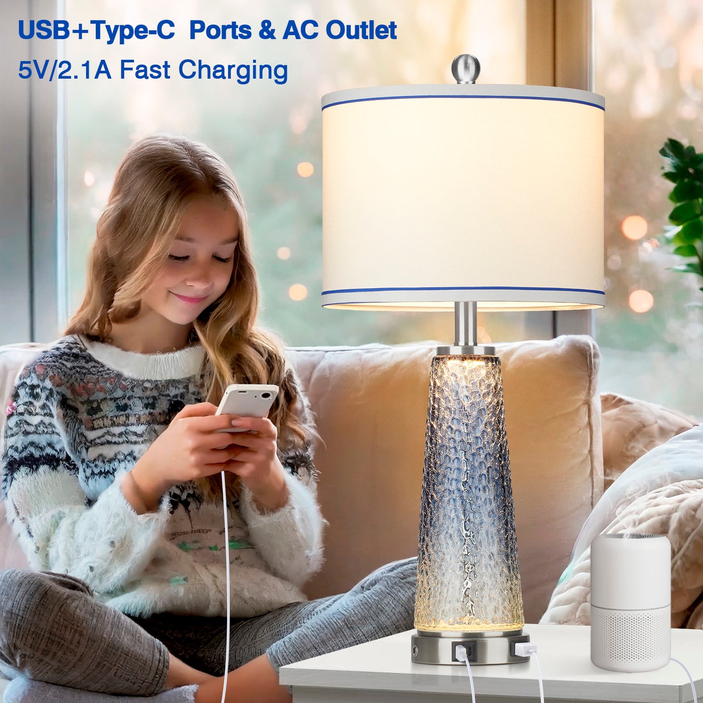 2-in-1 Table Lamps & Nightlight with Glass in Blue, Equipped with Charging Ports and a 2-Way Touch Switch (Set of 2)