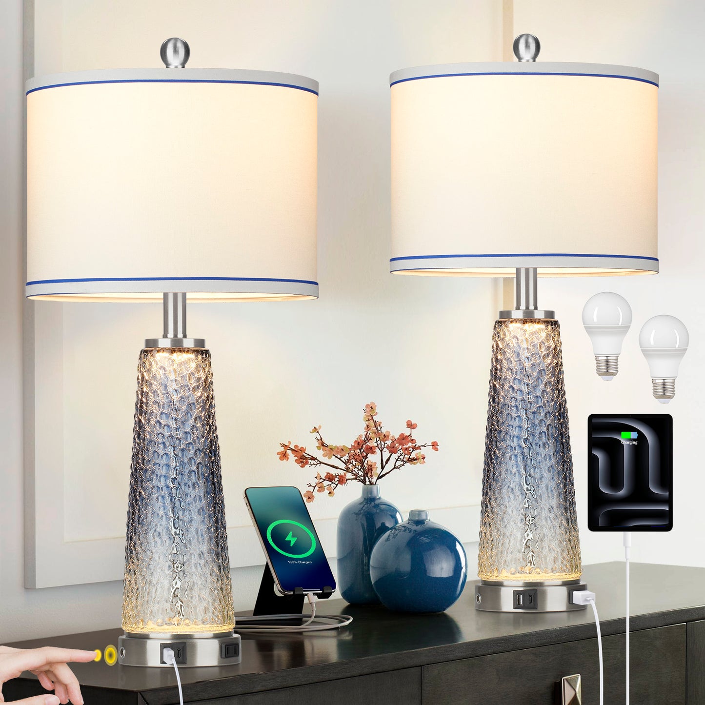 2-in-1 Table Lamps & Nightlight with Glass in Blue, Equipped with Charging Ports and a 2-Way Touch Switch (Set of 2)
