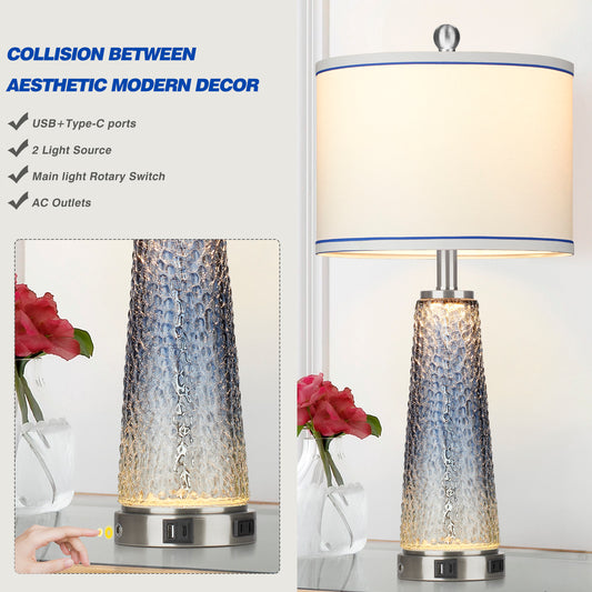 26‘’ 2-in-1 Table Lamps & Nightlight with Glass in Blue, Equipped with Charging Ports and a 2-Way Touch Switch (Set of 2)