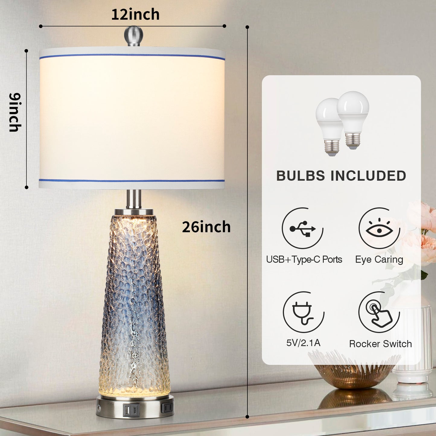 2-in-1 Table Lamps & Nightlight with Glass in Blue, Equipped with Charging Ports and a 2-Way Touch Switch (Set of 2)