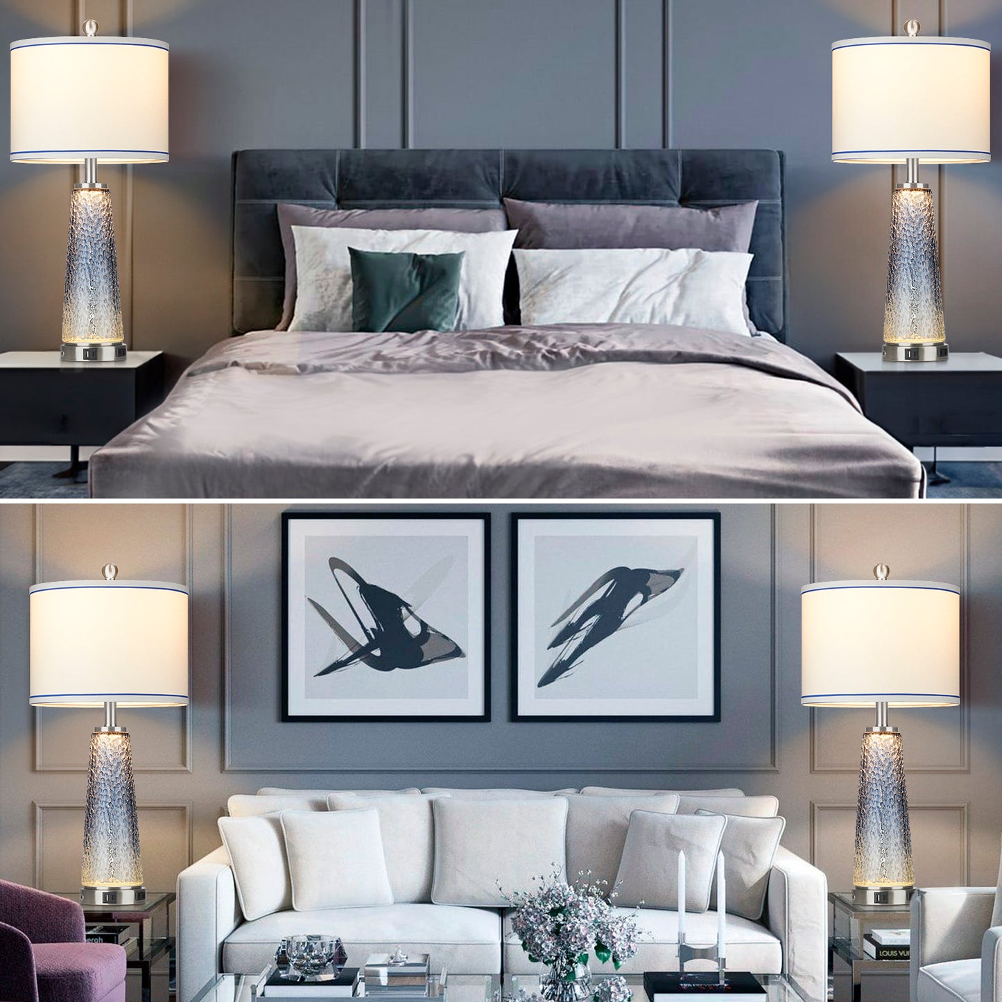 2-in-1 Table Lamps & Nightlight with Glass in Blue, Equipped with Charging Ports and a 2-Way Touch Switch (Set of 2)
