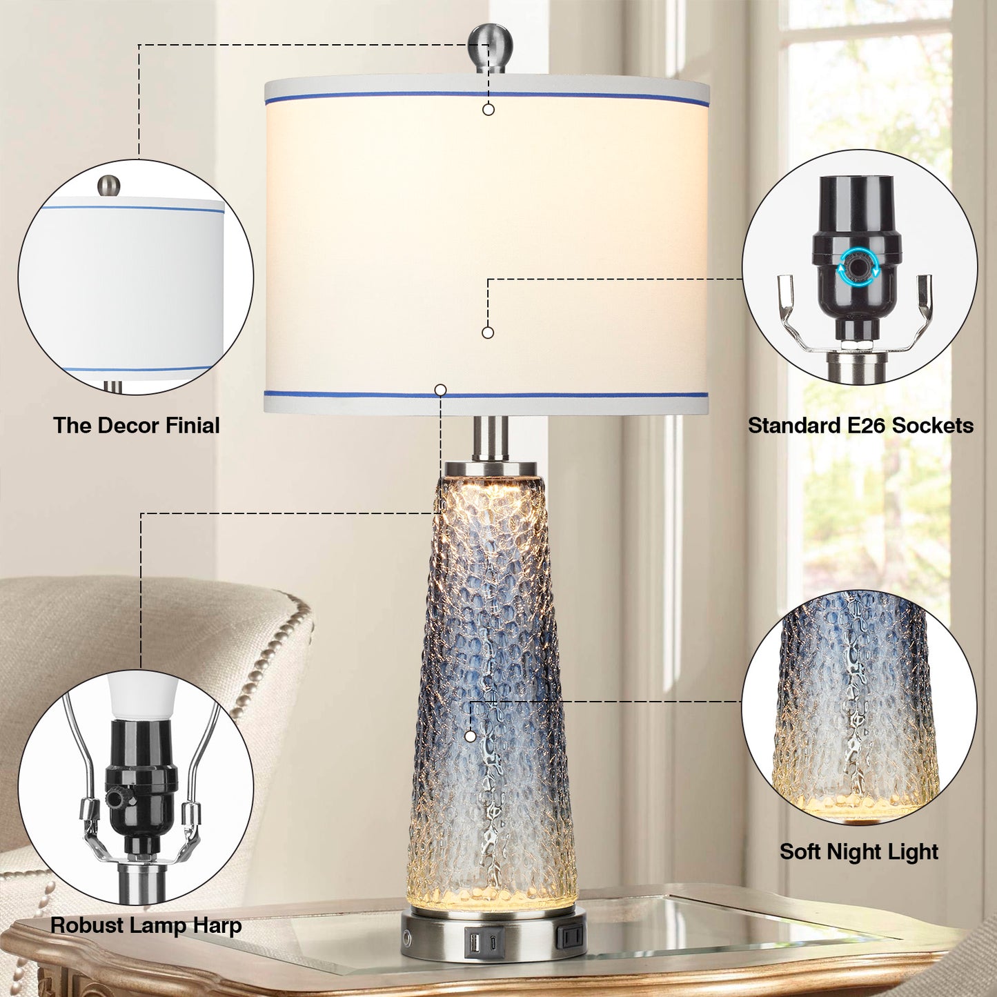 2-in-1 Table Lamps & Nightlight with Glass in Blue, Equipped with Charging Ports and a 2-Way Touch Switch (Set of 2)