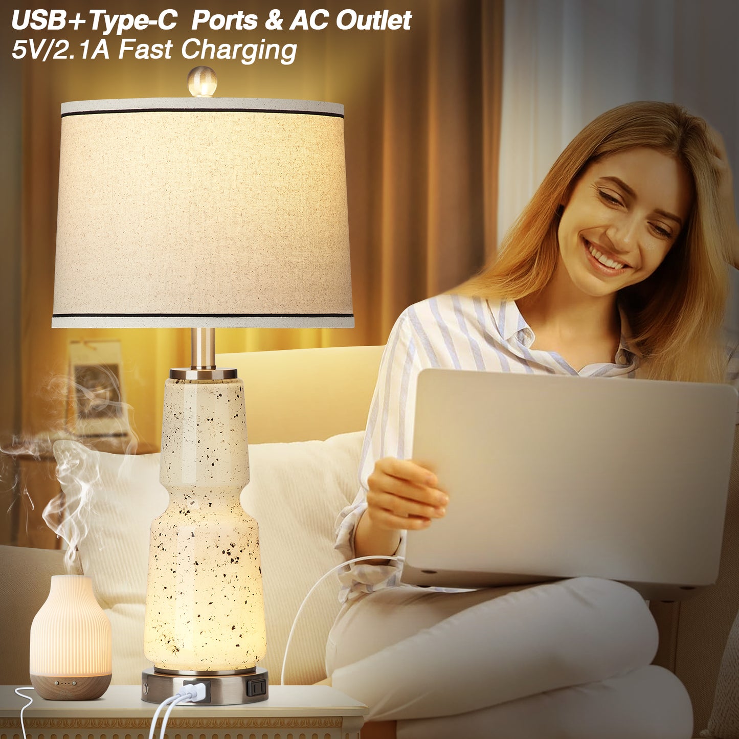 2-in-1 Table Lamps Nightlight with Glass, Ink, and Textile, featuring a 2-way touch switch (Set of 2)