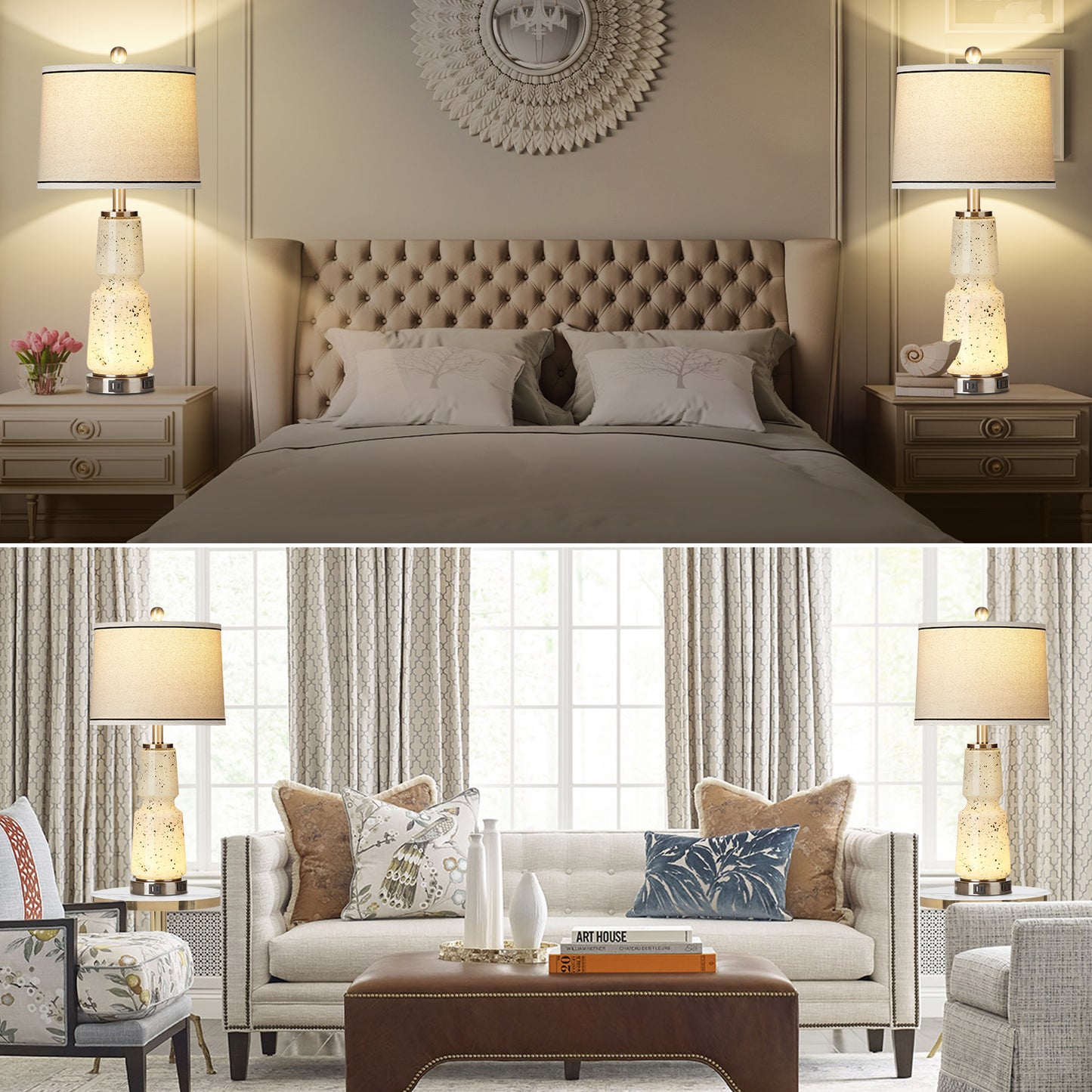 2-in-1 Table Lamps Nightlight with Glass, Ink, and Textile, featuring a 2-way touch switch (Set of 2)