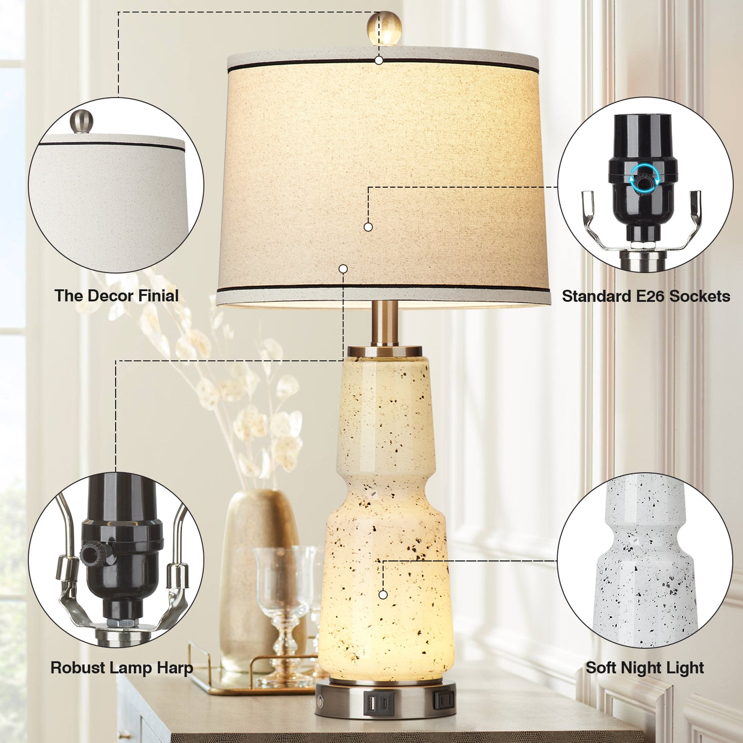 2-in-1 Table Lamps Nightlight with Glass, Ink, and Textile, featuring a 2-way touch switch (Set of 2)