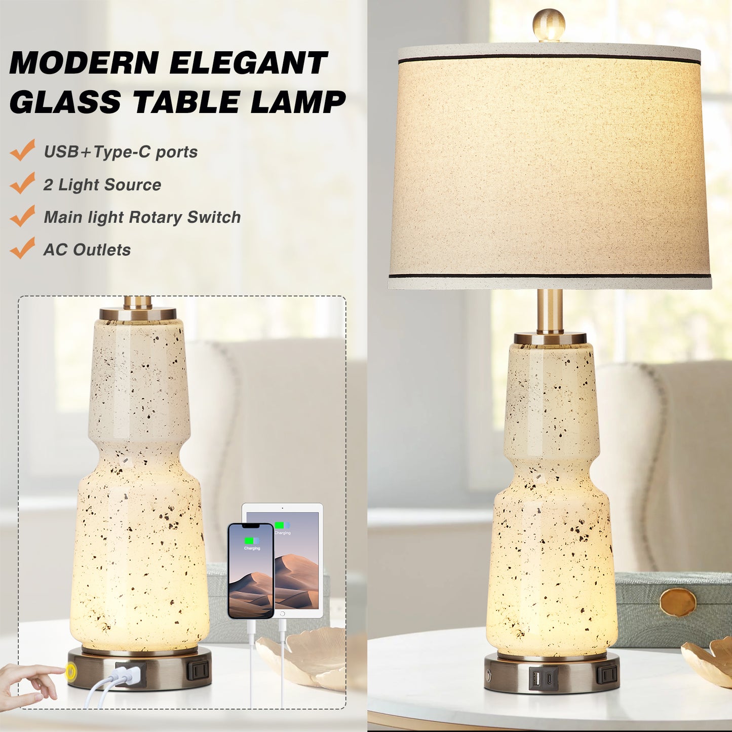 2-in-1 Table Lamps Nightlight with Glass, Ink, and Textile, featuring a 2-way touch switch (Set of 2)