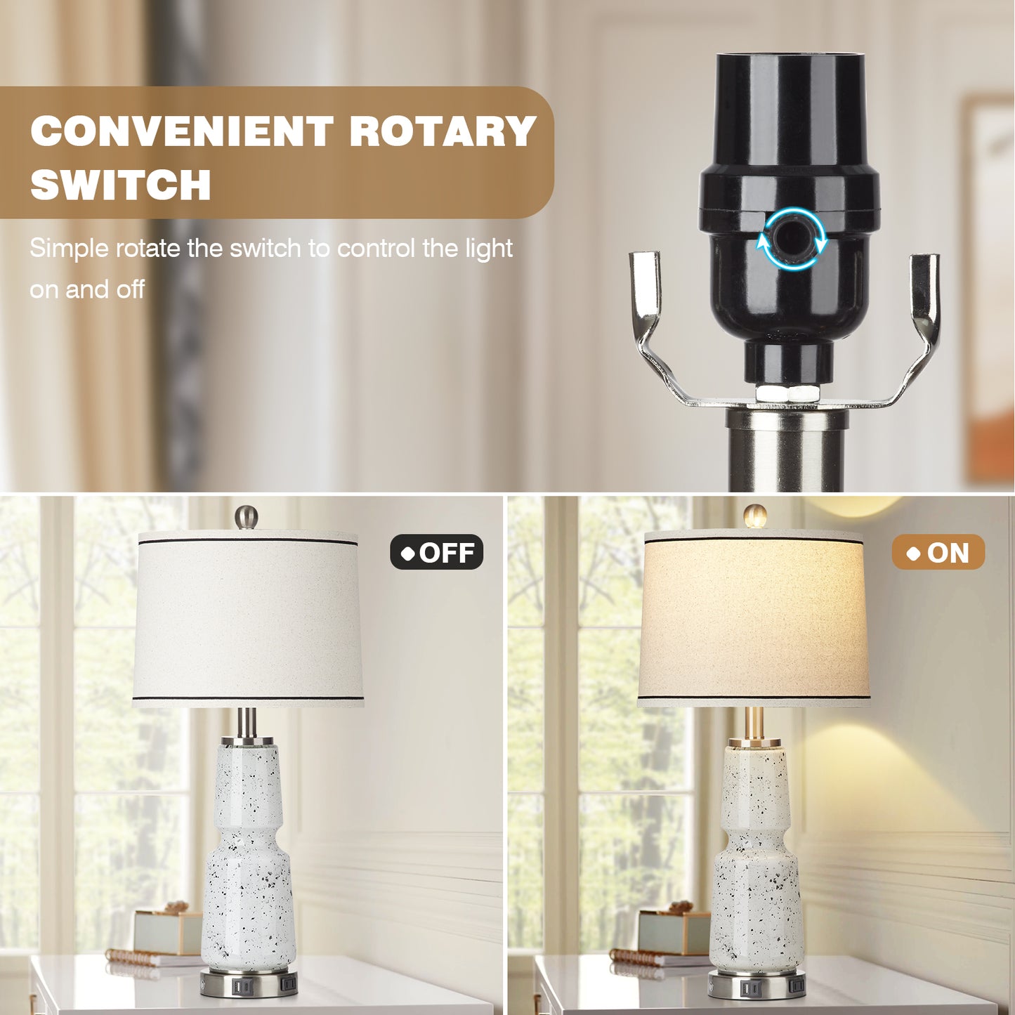 2-in-1 Table Lamps Nightlight with Glass, Ink, and Textile, featuring a 2-way touch switch (Set of 2)