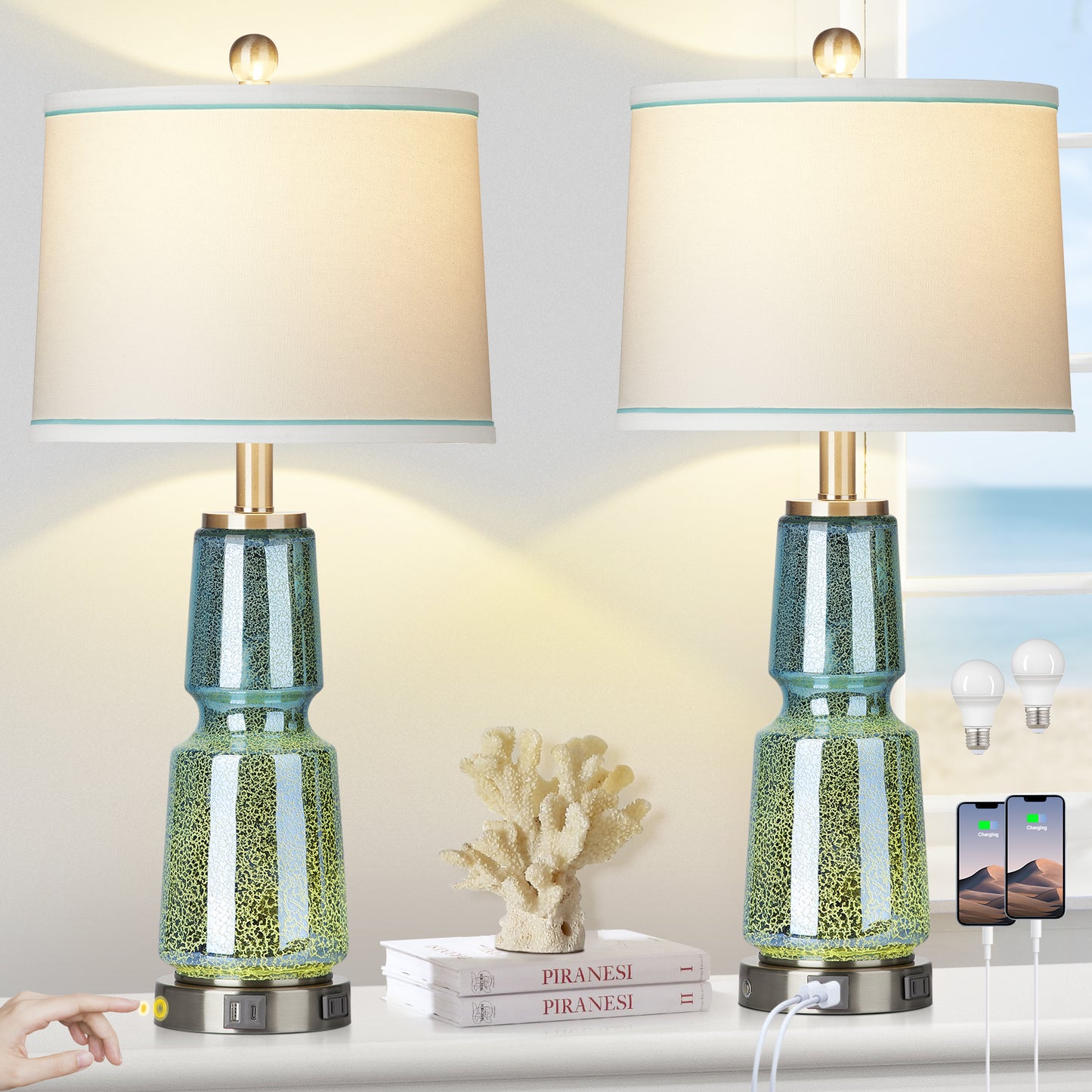 2-in-1 Table Lamp with Nightlight, Made of Blue-green Glass, Ink Textile, and Equipped with a 2-Way Touch Switch (Set of 2)