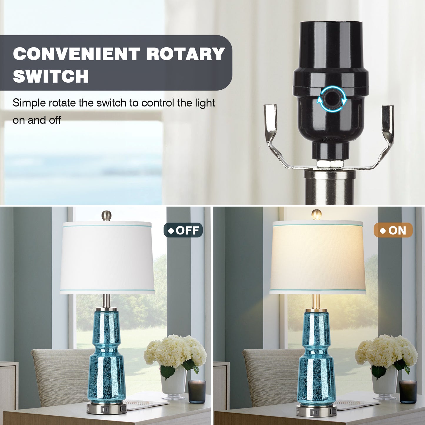 2-in-1 Table Lamp with Nightlight, Made of Blue-green Glass, Ink Textile, and Equipped with a 2-Way Touch Switch (Set of 2)