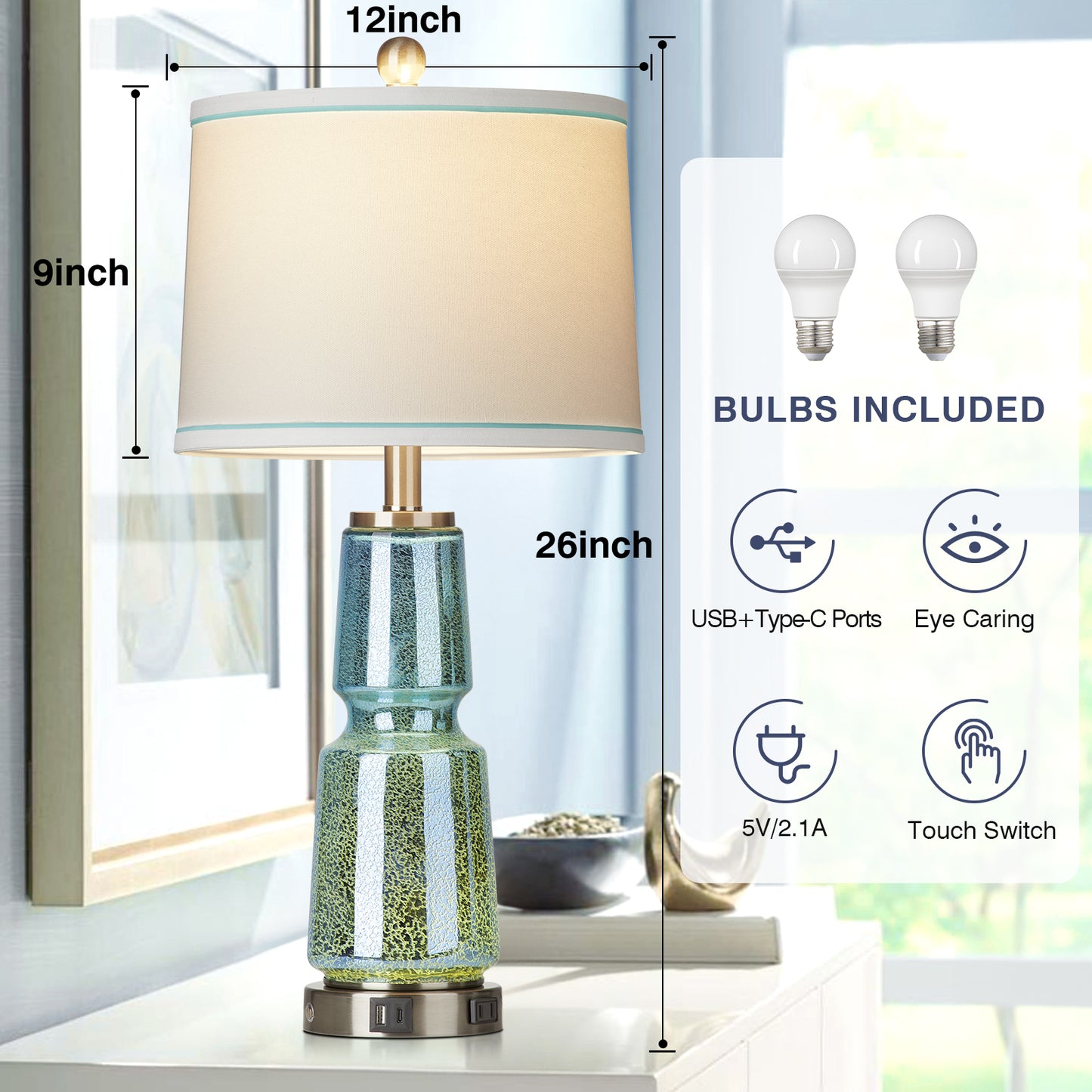 2-in-1 Table Lamp with Nightlight, Made of Blue-green Glass, Ink Textile, and Equipped with a 2-Way Touch Switch (Set of 2)