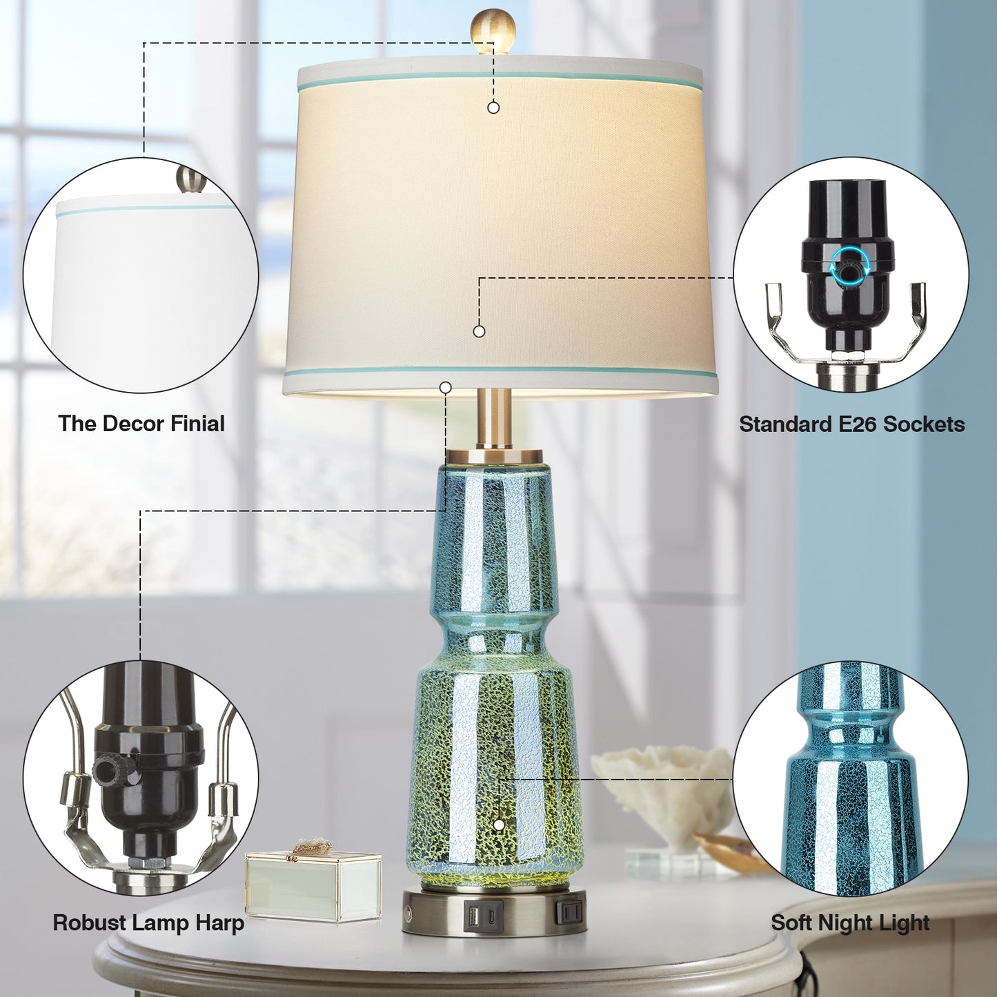 2-in-1 Table Lamp with Nightlight, Made of Blue-green Glass, Ink Textile, and Equipped with a 2-Way Touch Switch (Set of 2)