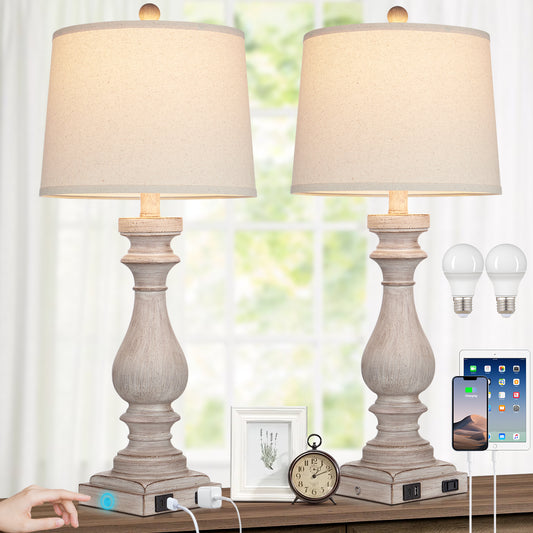 Grey Resin Vintage Table Lamps with Oblique Shade and USB Type - C Charging Ports (Set of 2)