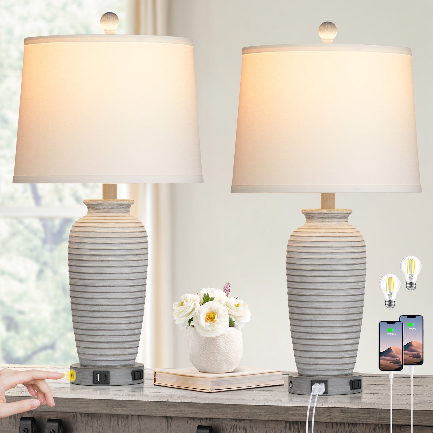 Gray-white resin table lamp. Touch dimming switch. USB & Type C ports. No strobe (Set of 2)