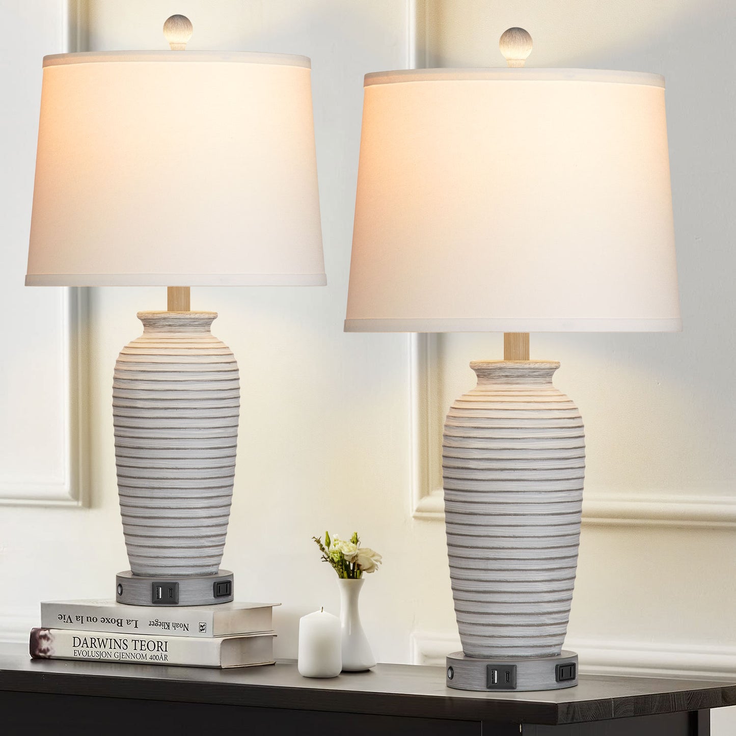 Gray-white resin table lamp. Touch dimming switch. USB & Type C ports. No strobe (Set of 2)