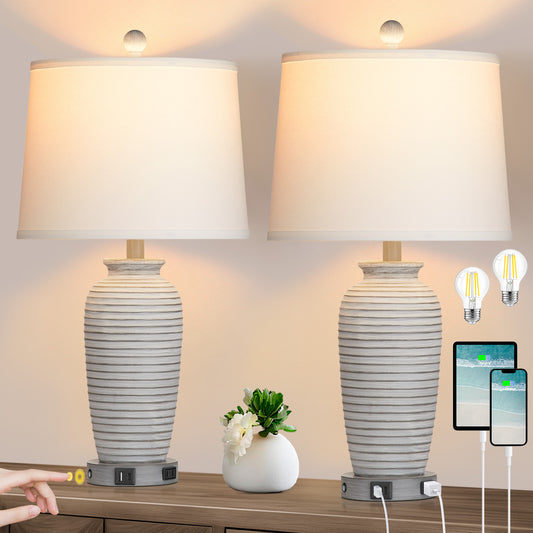 Gray-white resin table lamp. Touch dimming switch. USB & Type C ports. No strobe (Set of 2)