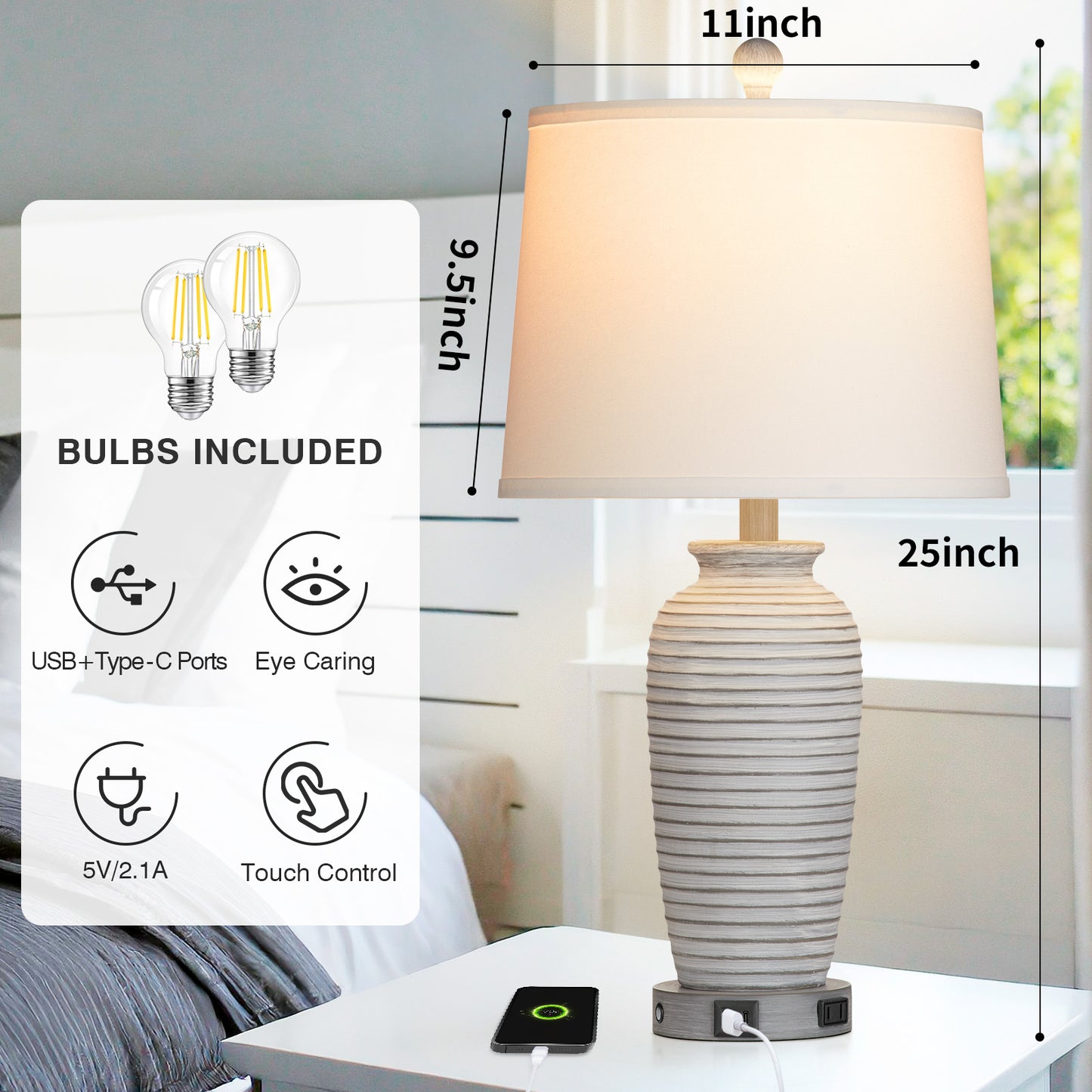 Gray-white resin table lamp. Touch dimming switch. USB & Type C ports. No strobe (Set of 2)