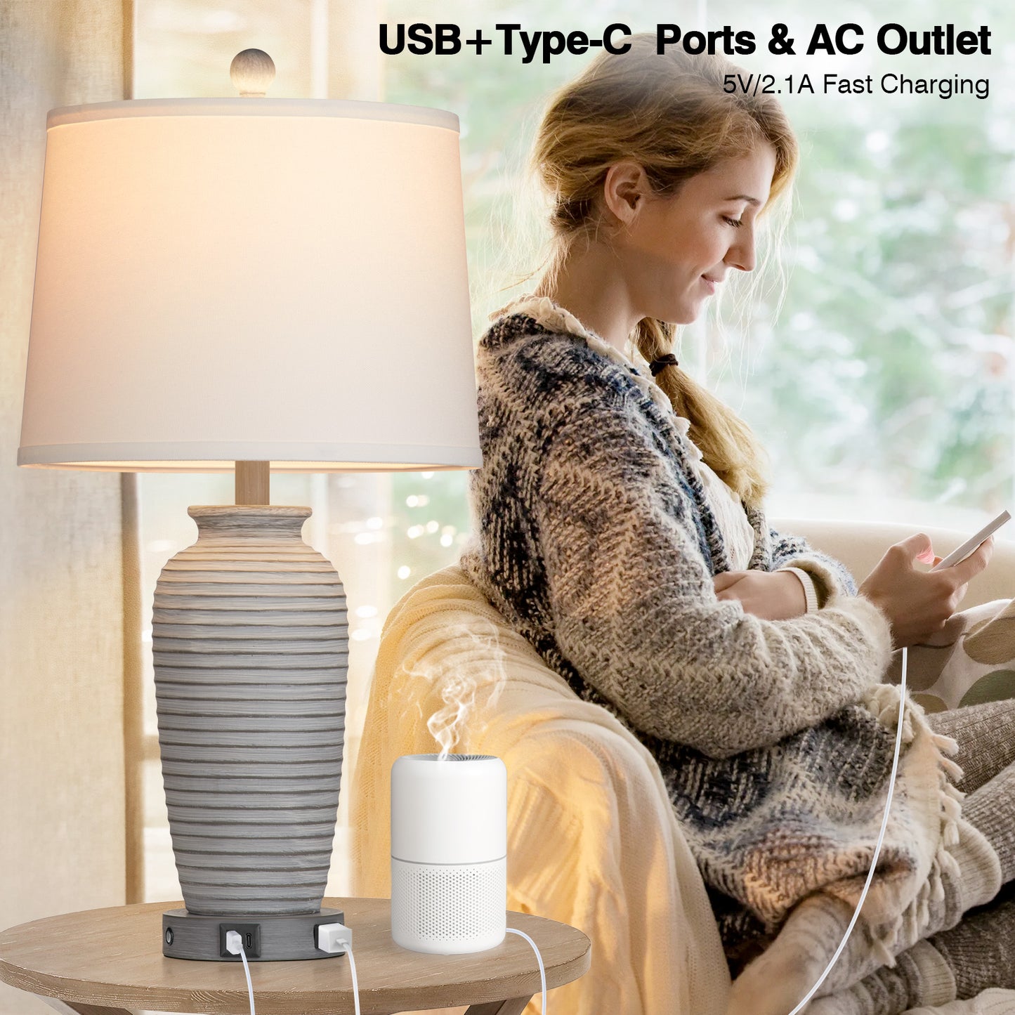 Gray-white resin table lamp. Touch dimming switch. USB & Type C ports. No strobe (Set of 2)