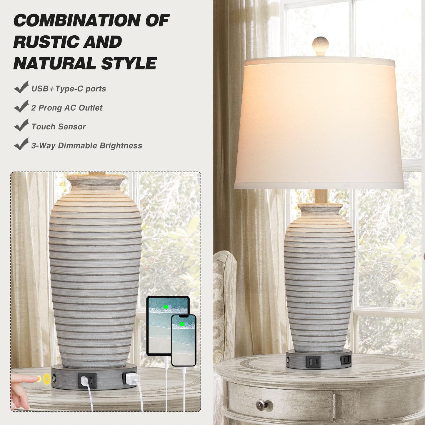 Gray-white resin table lamp. Touch dimming switch. USB & Type C ports. No strobe (Set of 2)