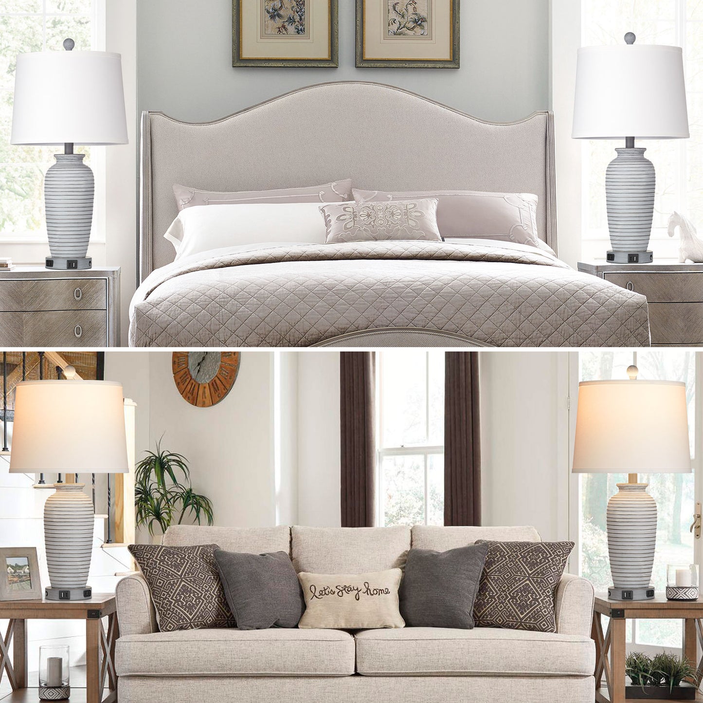 Gray-white resin table lamp. Touch dimming switch. USB & Type C ports. No strobe (Set of 2)