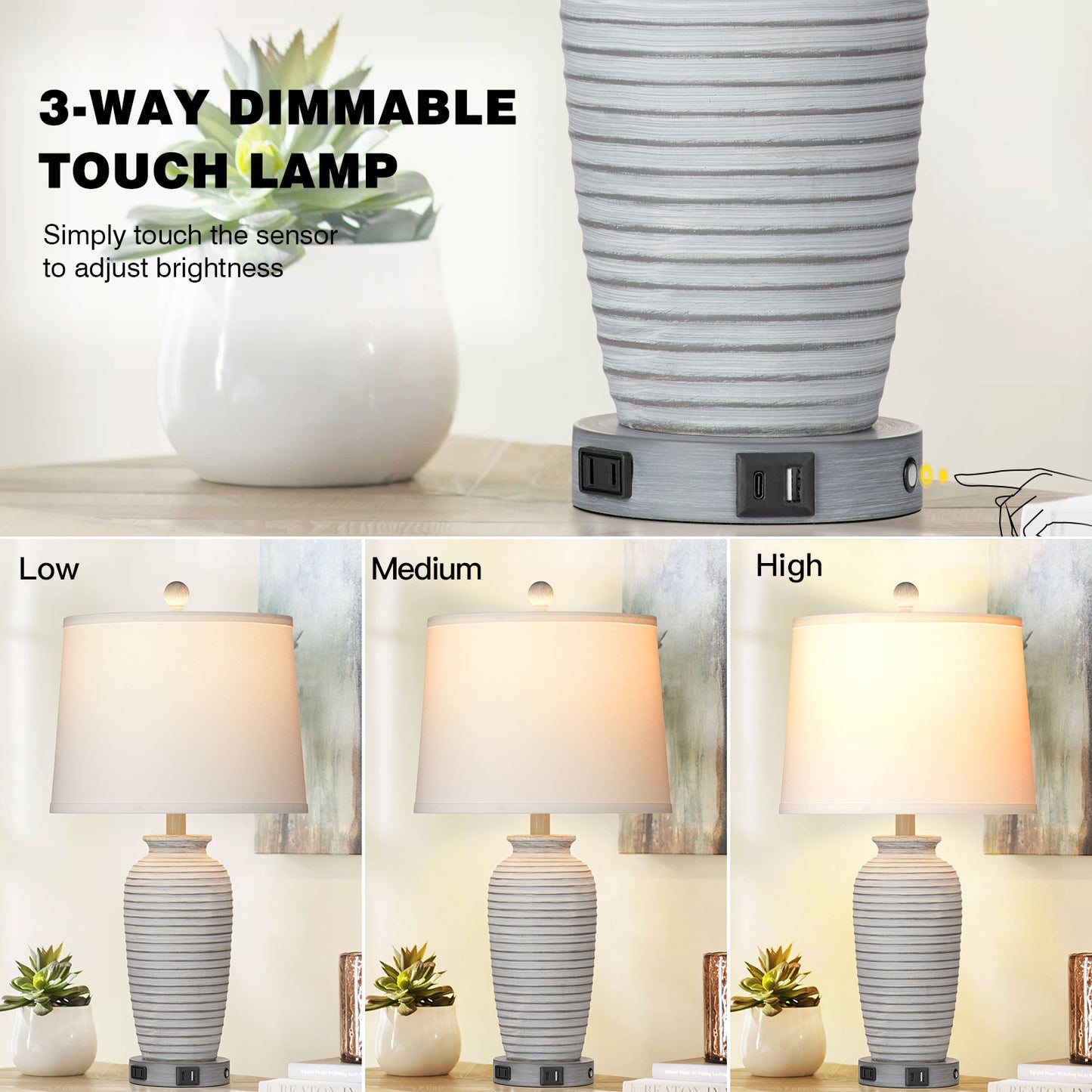 Gray-white resin table lamp. Touch dimming switch. USB & Type C ports. No strobe (Set of 2)