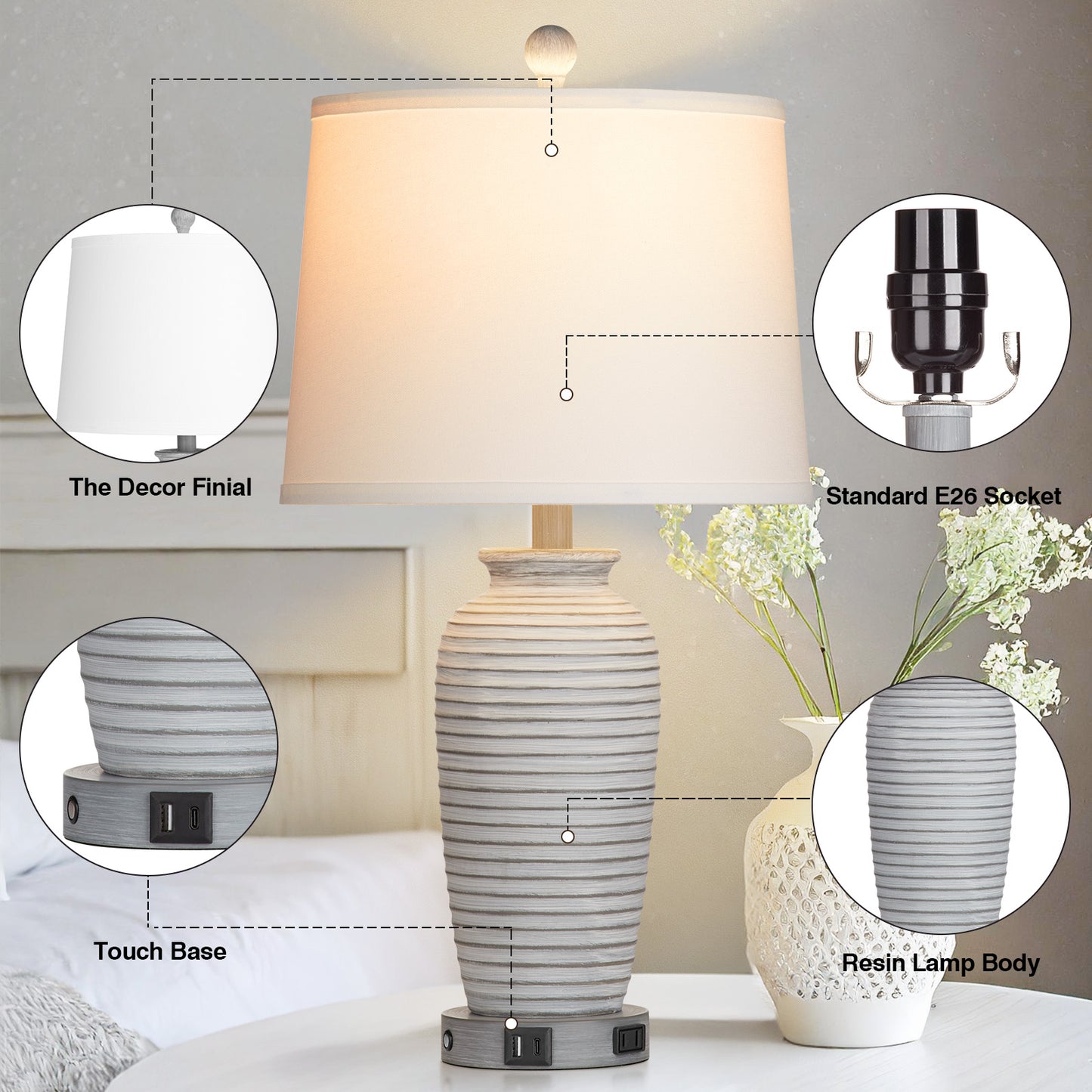 Gray-white resin table lamp. Touch dimming switch. USB & Type C ports. No strobe (Set of 2)